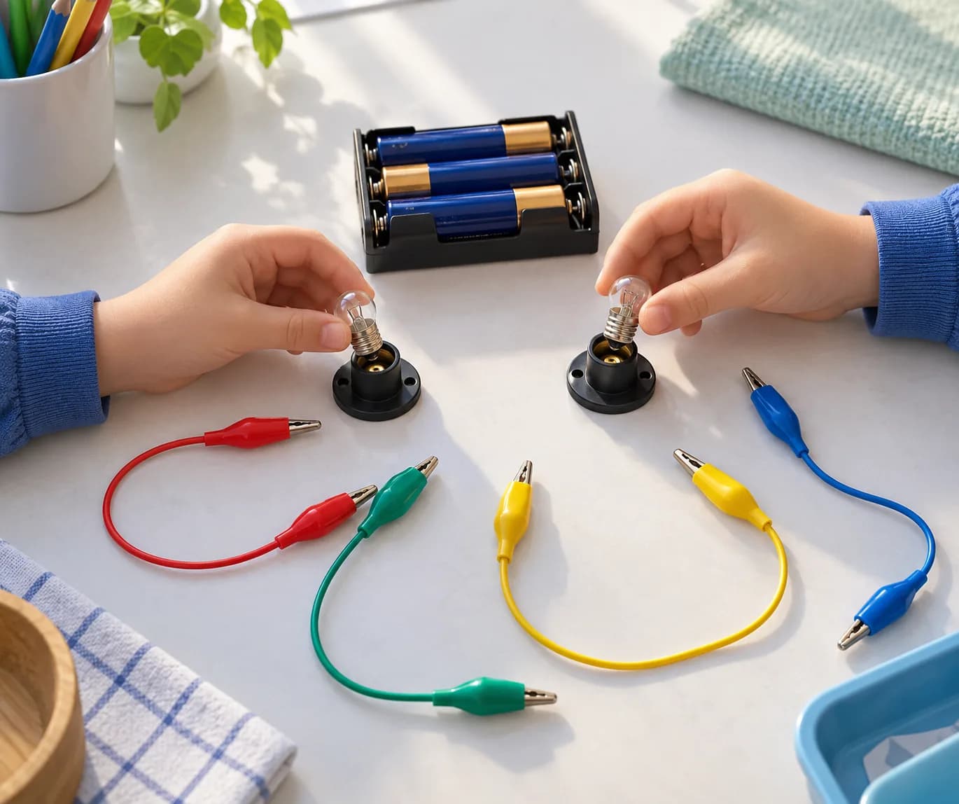 Étape 1 : Pose le matériel sur la table sèche, avec les bornes du boîtier libres. Installe chaque ampoule dans sa douille, sans serrer fort, et garde le quatriè