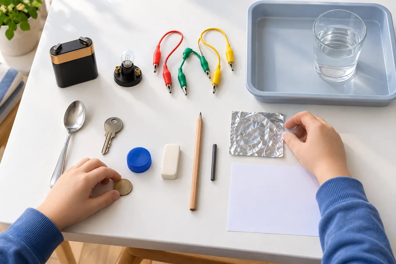 Étape 1 : Installe les objets secs sur la table sèche et dégagée. Pose le verre d’eau salée dans le plateau et garde-le posé pendant toute l’expérience. Place l