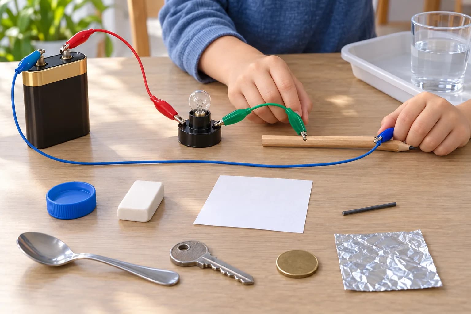 Étape 7 : Teste ensuite le bouchon, la gomme et la feuille de papier sèche. Pour le crayon, place les deux pinces uniquement contre le bois, loin de la mine et