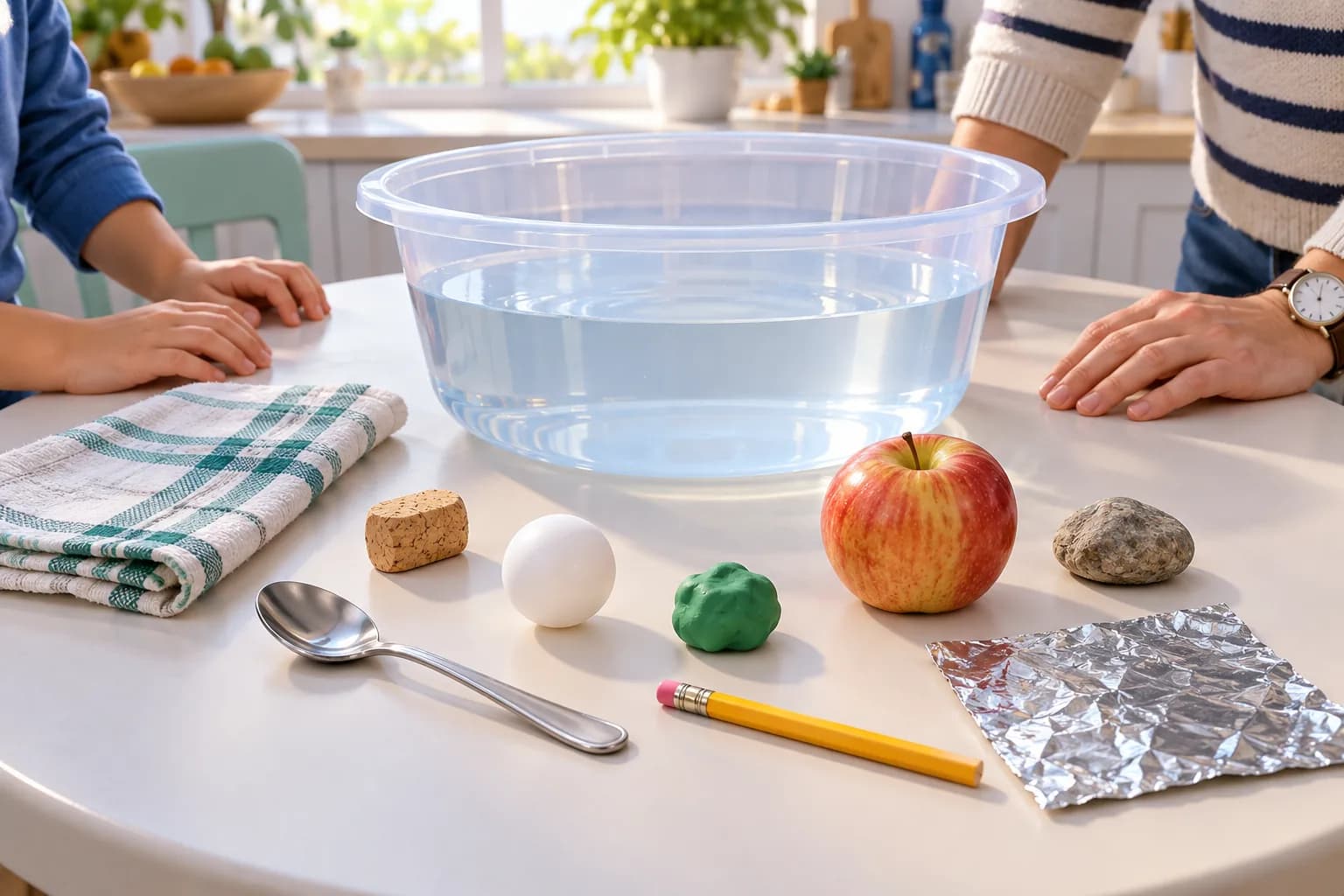 Étape 1 : Installe la bassine au centre de la table stable, avec l’adulte à côté de toi. Pose le torchon à portée de main et rassemble les huit objets à tester.