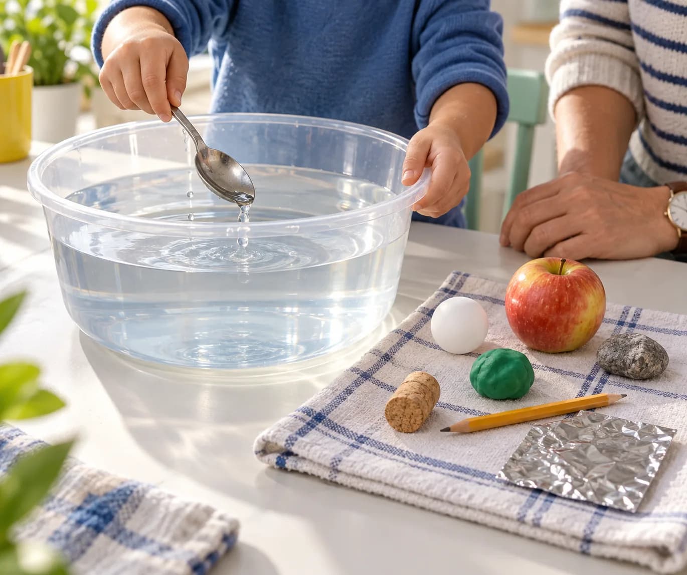 Étape 3 : Teste de la même façon la cuillère, la balle, la pomme, le caillou et le crayon, un objet après l’autre. Retire chaque objet avant de déposer le suiva