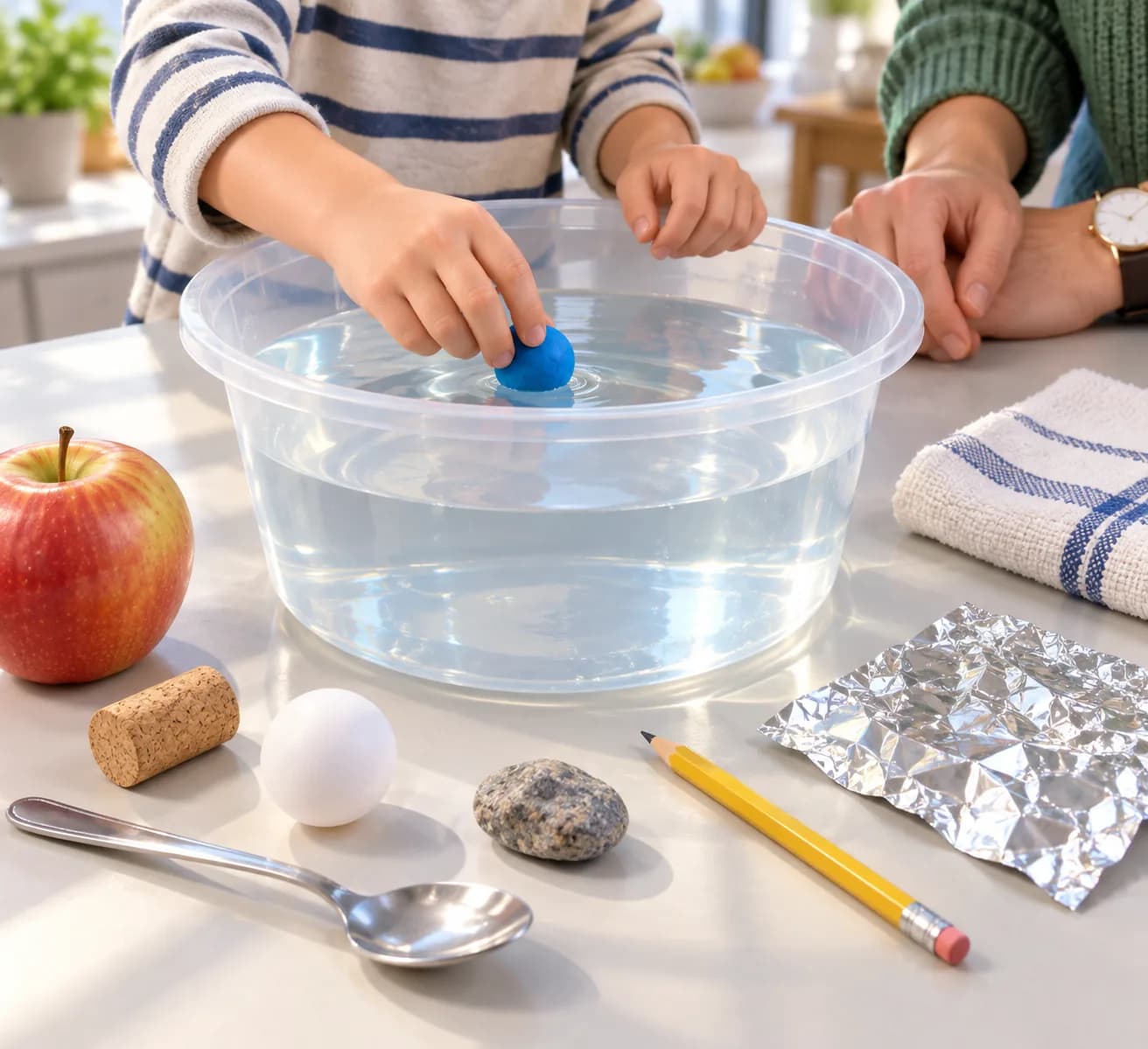 Étape 4 : Roule la portion de pâte à modeler en boule. Pose-la doucement dans l’eau, observe sa position, puis récupère-la.