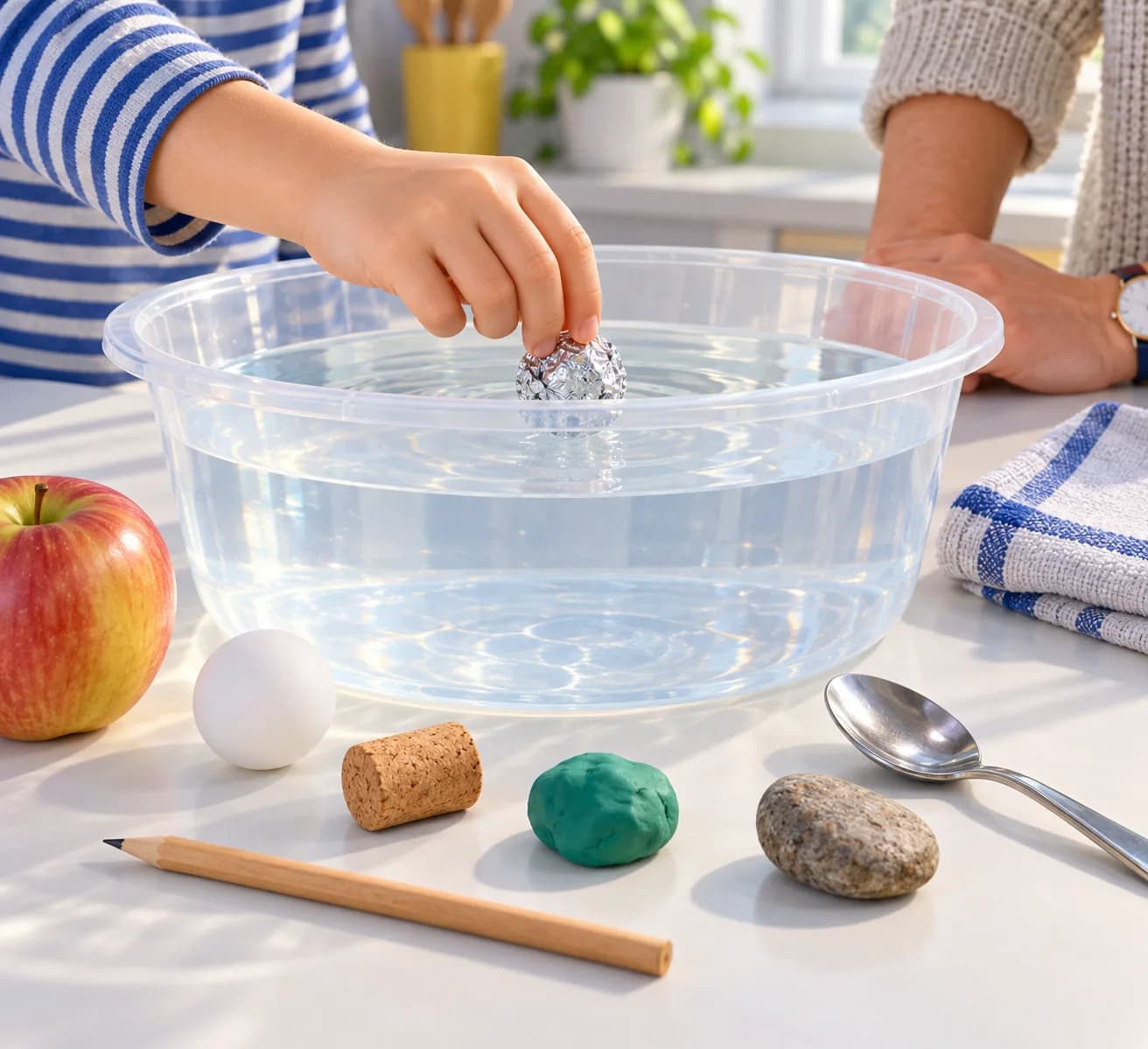 Étape 6 : Retire la barquette et laisse l’eau s’écouler dans la bassine. Froisse la même feuille en une boule aussi compacte que possible, puis pose-la doucemen