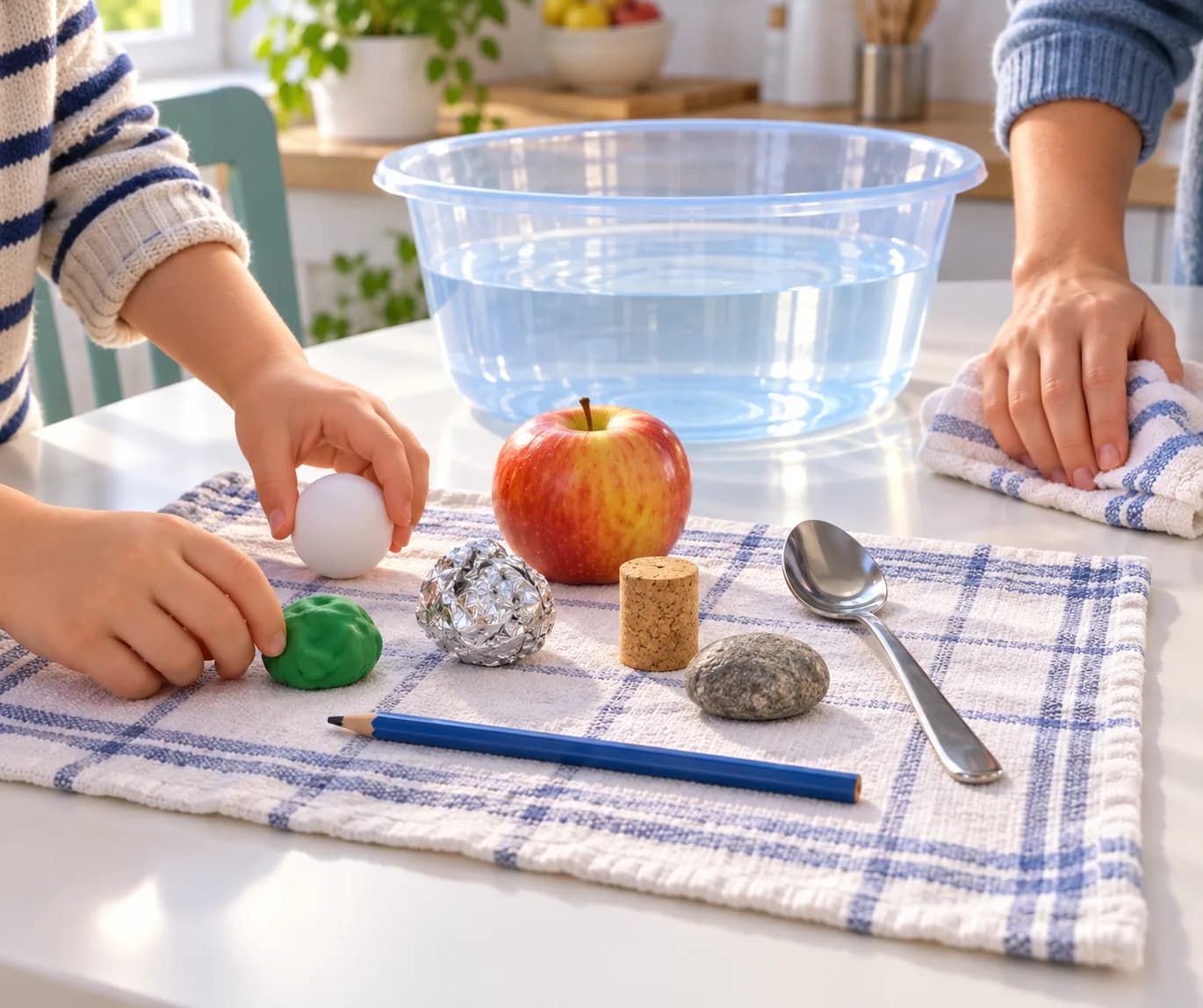 Étape 8 : Sors tous les objets et rassemble-les sur le torchon. Compte les huit objets avec l’adulte et essuie aussitôt les gouttes autour de la bassine.