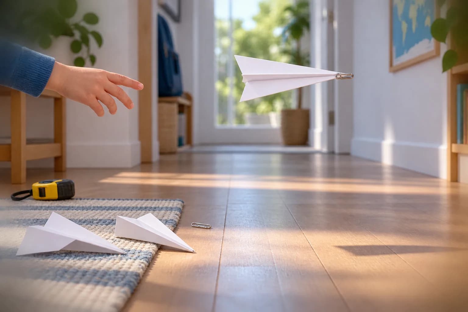 Vue quasi photographique en légère plongée sur trois avions en papier blanc posés sur un sol clair : ailes étroites, ailes larges, ailes larges avec petits bords relevés