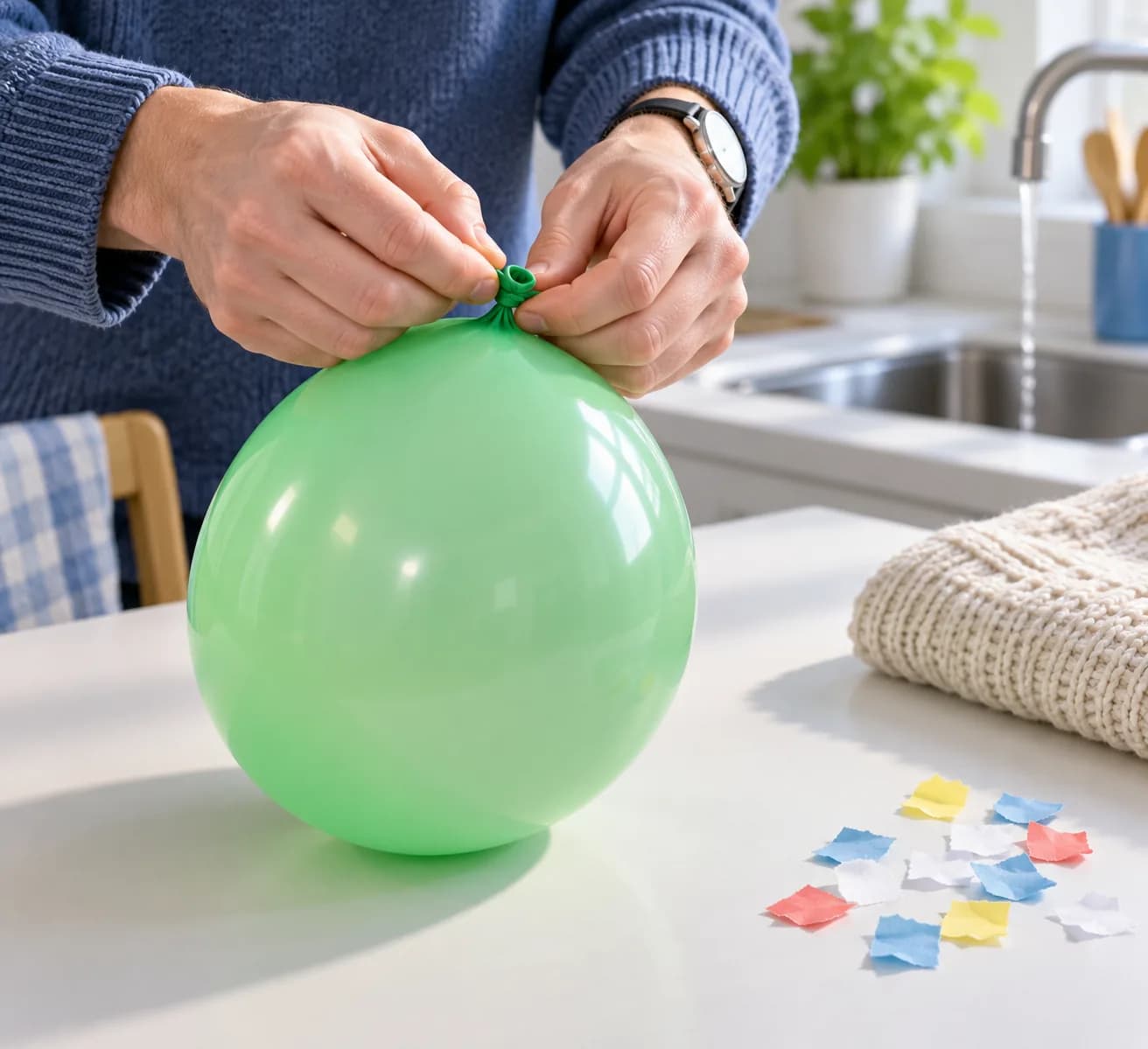 Étape 1 : L’adulte gonfle le ballon sans le tendre au maximum, puis le noue. Il vérifie son bon état et dégage avec toi une place sur la table, à proximité de l