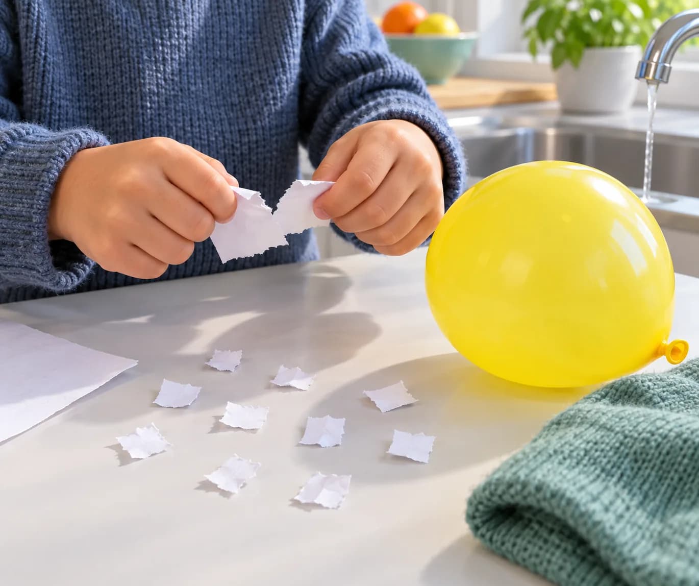 Étape 2 : Déchire le papier pour préparer 10 petits morceaux d’environ 1 cm de côté et espace-les sur la table sèche.