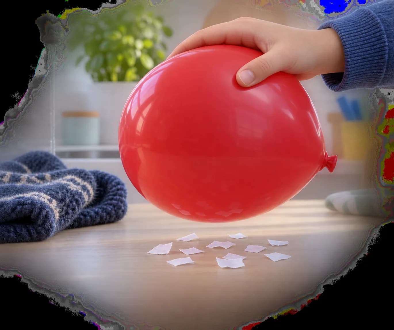 Étape 3 : Approche lentement le ballon non frotté des morceaux de papier, jusqu’à environ 1 cm, sans les toucher. Observe leur réaction : ce premier essai servi