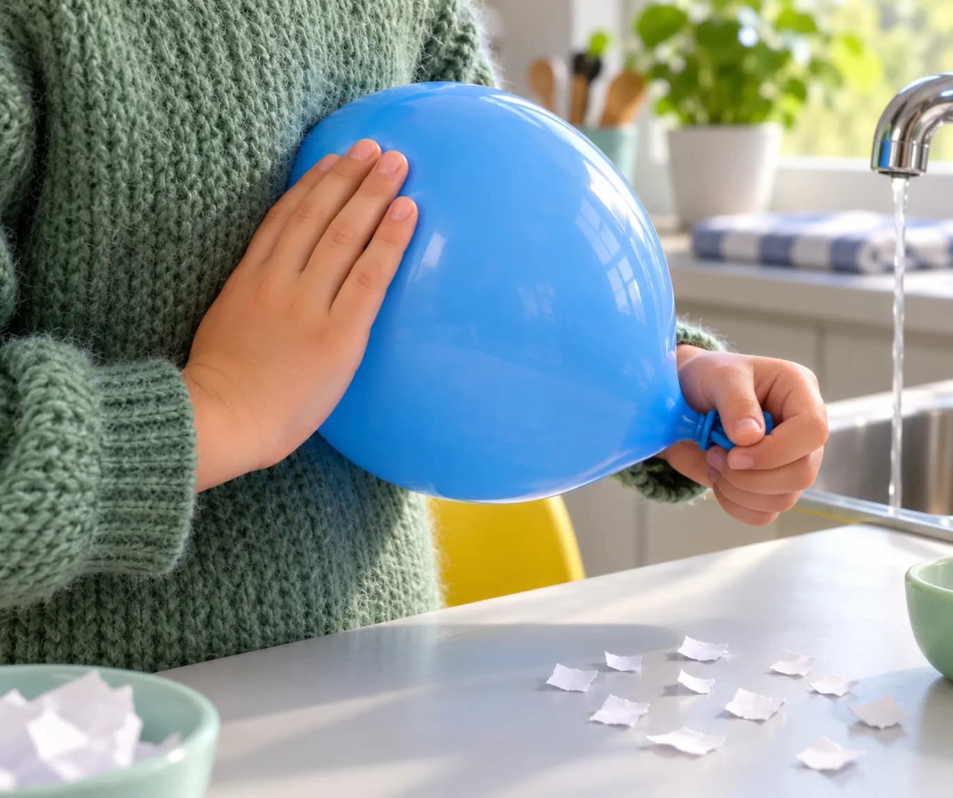 Étape 4 : Frotte une zone du ballon pendant environ 10 secondes sur tes cheveux secs ou sur le pull en laine. Éloigne ensuite le ballon du tissu ou des cheveux