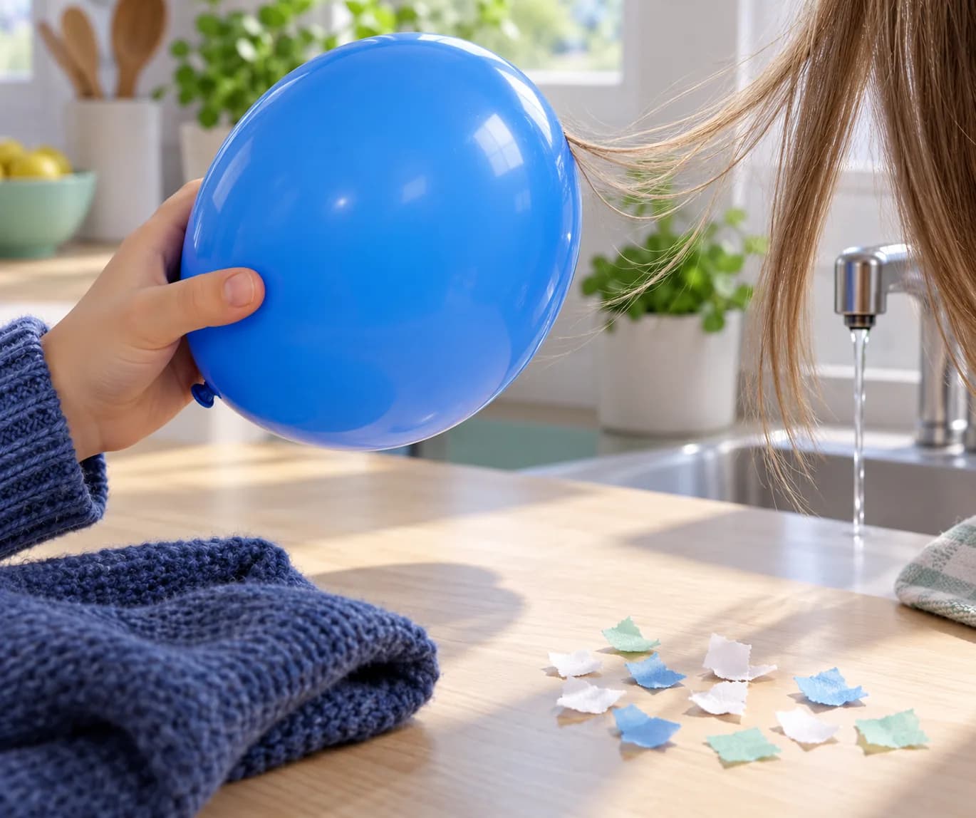 Étape 5 : Approche la zone frottée d’une mèche de cheveux secs, puis éloigne-la doucement. Si tu utilises seulement le pull, passe directement au test suivant.