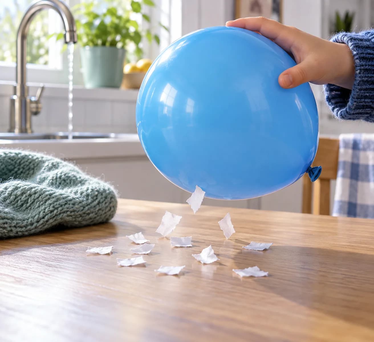 Étape 6 : Approche maintenant la zone frottée des morceaux de papier, sans les toucher au départ. Regarde si certains se redressent ou rejoignent le ballon, pui