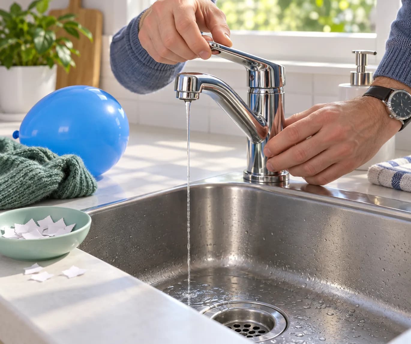Étape 7 : L’adulte règle le robinet pour obtenir un filet d’eau froide continu, le plus fin possible. Il vérifie que le sol autour de l’évier est sec et que tu