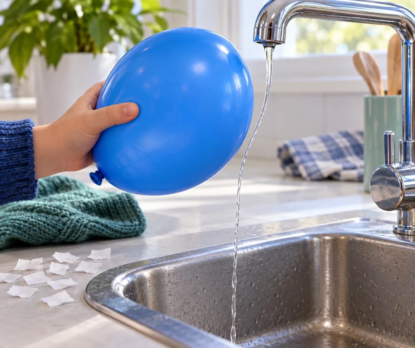 Étape 8 : Avec les mains sèches, frotte de nouveau le ballon pendant environ 10 secondes, puis approche sa zone frottée sur le côté du filet d’eau, sans le touc