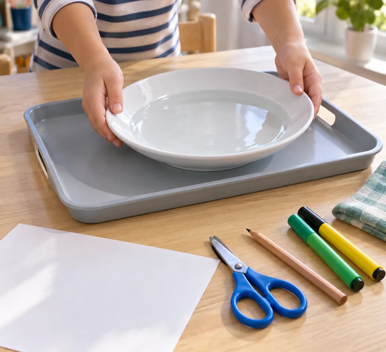 Étape 1 : Installe le plateau au milieu de la table. Pose dessus l'assiette contenant les 100 ml d'eau, puis attends que la surface soit immobile.