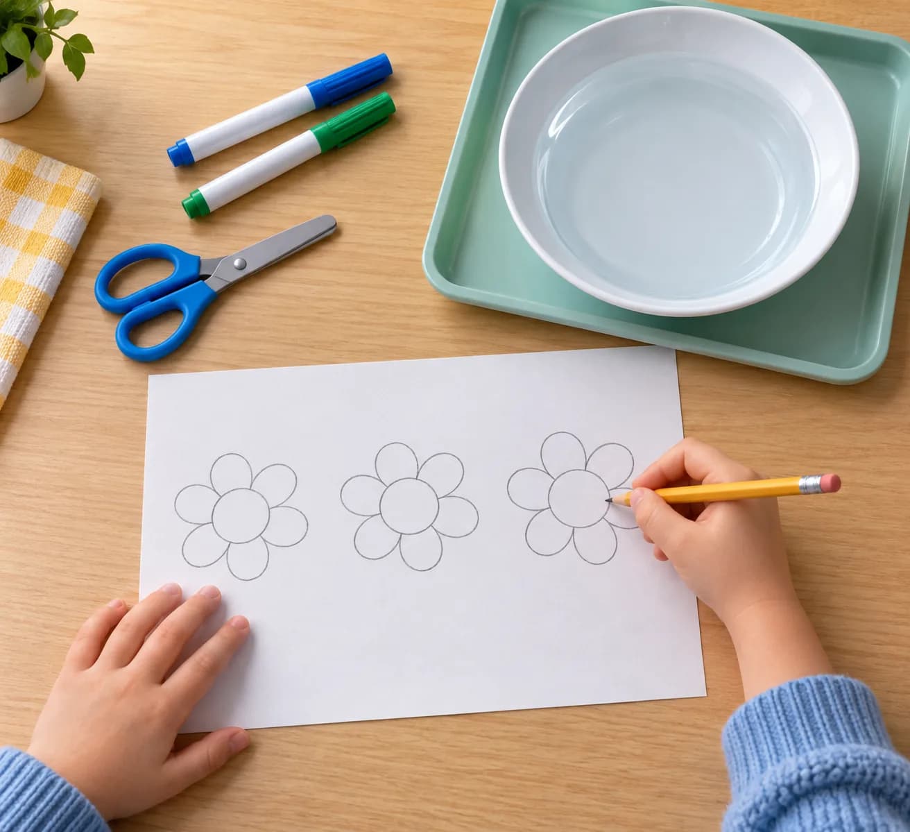 Étape 2 : Au crayon, dessine trois fleurs sur la feuille. Pour chacune, trace un centre large et six pétales arrondis, avec une taille totale proche de la large