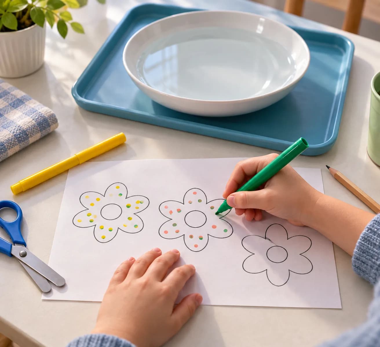 Étape 3 : Décore légèrement deux fleurs avec les feutres, sur une seule face. Laisse la troisième fleur sans couleur.