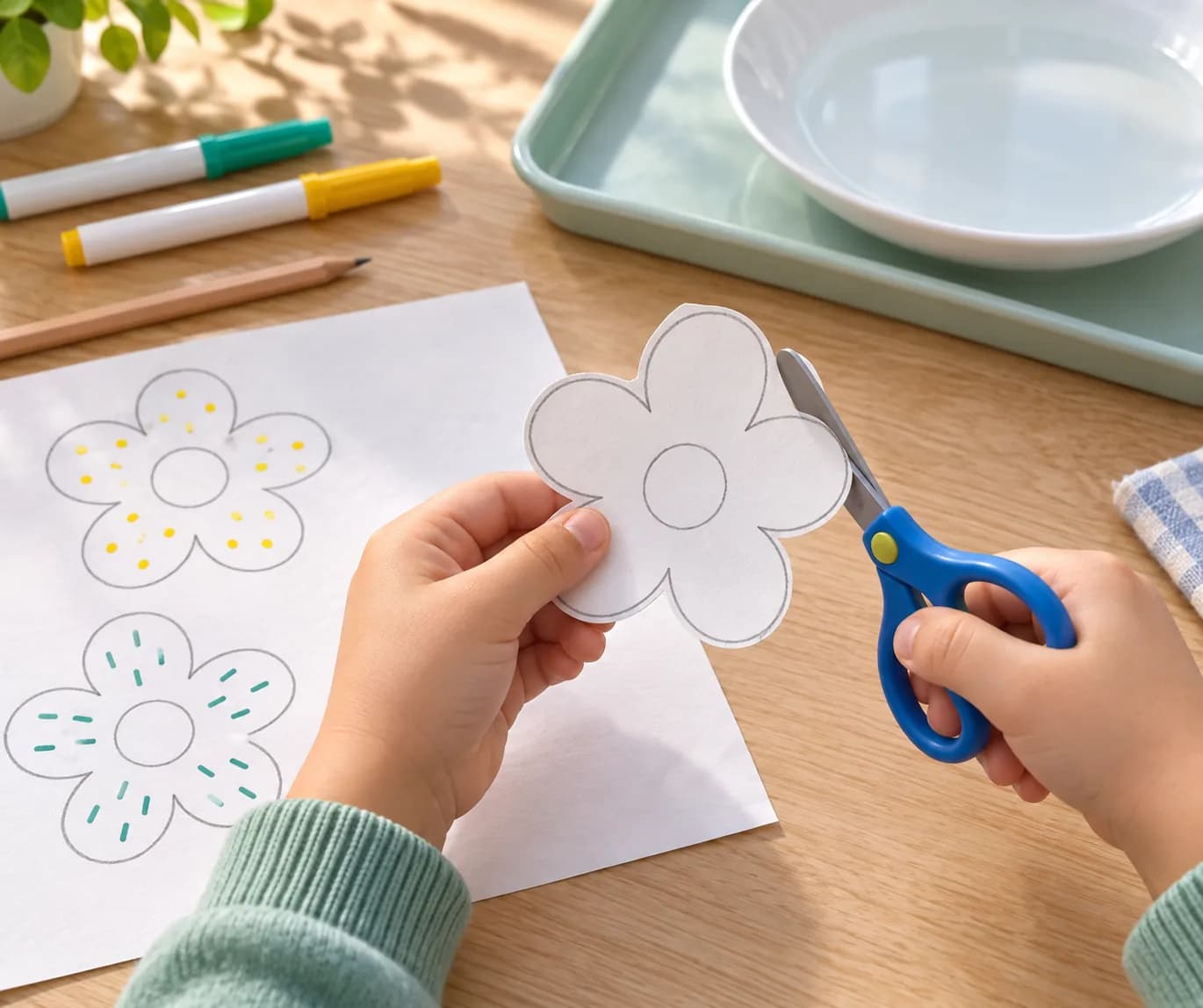 Étape 4 : Découpe les trois fleurs en suivant leur contour avec les ciseaux à bouts ronds. Garde le centre de chaque fleur entier.