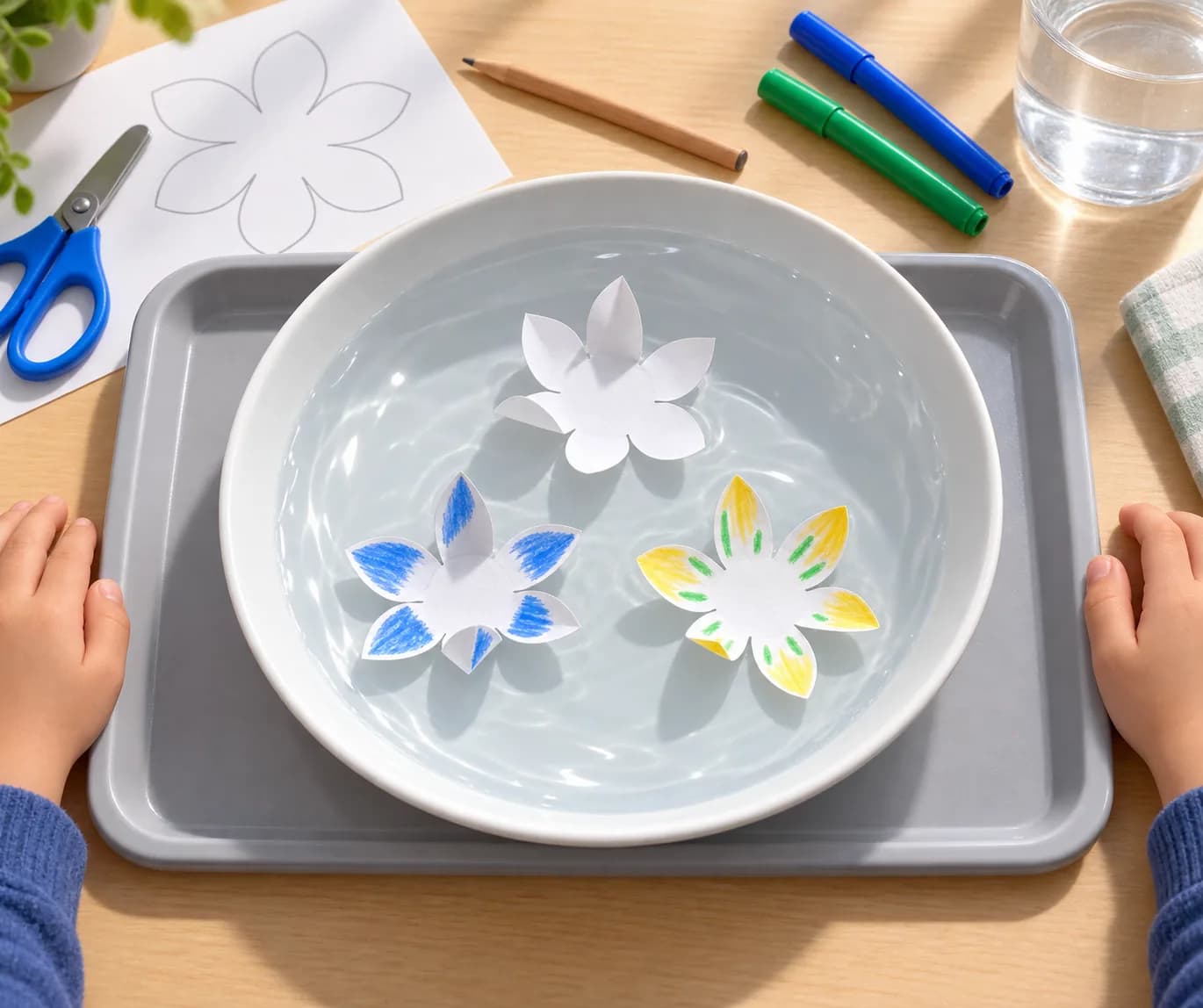 Étape 7 : Dépose les deux autres fleurs sur l'eau, à distance de la première et des bords. Observe la fleur sans couleur et les fleurs décorées jusqu'à ce que l