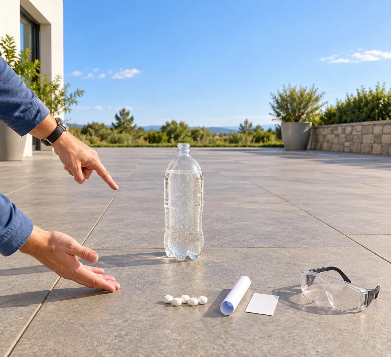Étape 1 : L’adulte choisit dehors un sol plat, stable et lavable, loin d’une route et de l’eau, avec un espace entièrement dégagé au-dessus de la bouteille. Il