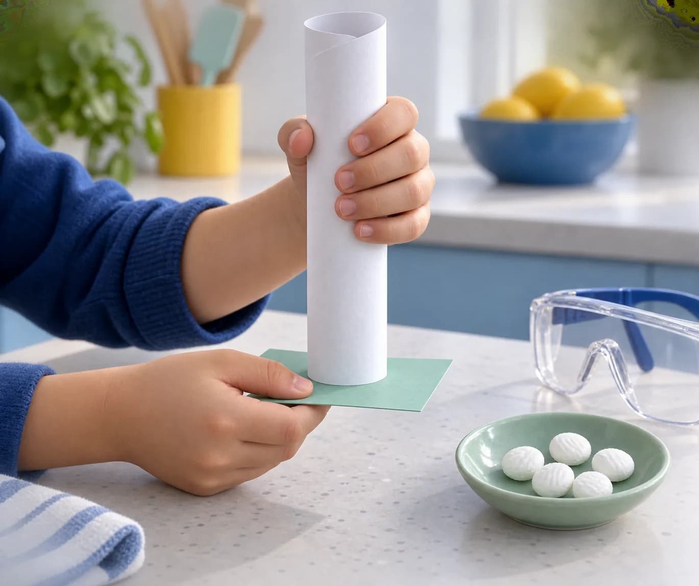 Étape 2 : Roule la feuille en un tube assez large pour que les bonbons puissent glisser librement. Maintiens le papier roulé avec ta main, puis place la carte s