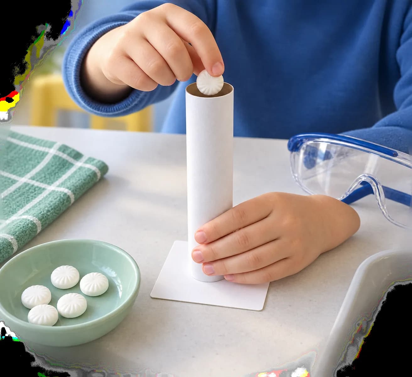 Étape 3 : Fais glisser les 5 bonbons entiers dans le tube sec, au-dessus de la carte, pour vérifier qu’ils passent librement. Tiens l’ensemble verticalement, à