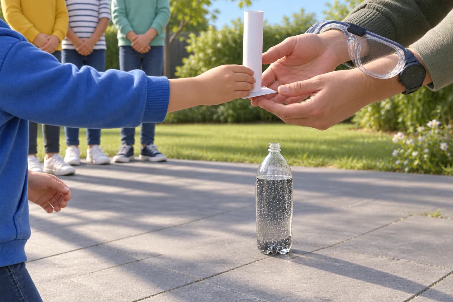 Étape 5 : Confie le tube et sa carte à l’adulte. Rejoins les autres observateurs à au moins 2 m de la bouteille, sur le côté.