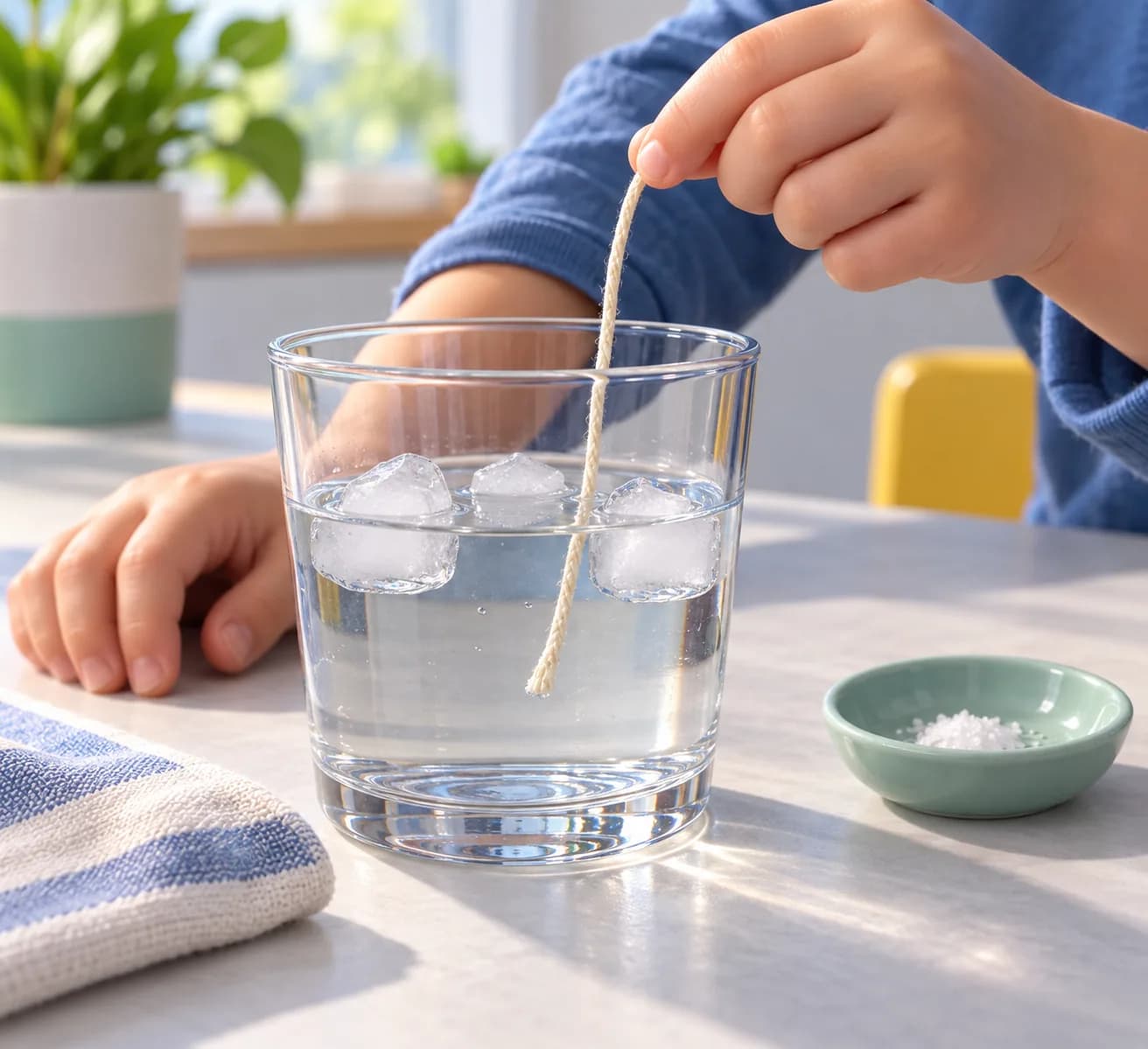 Étape 2 : Trempe une extrémité de la ficelle dans l'eau pour bien la mouiller. Garde l'autre extrémité entre tes doigts, sans déplacer le verre.