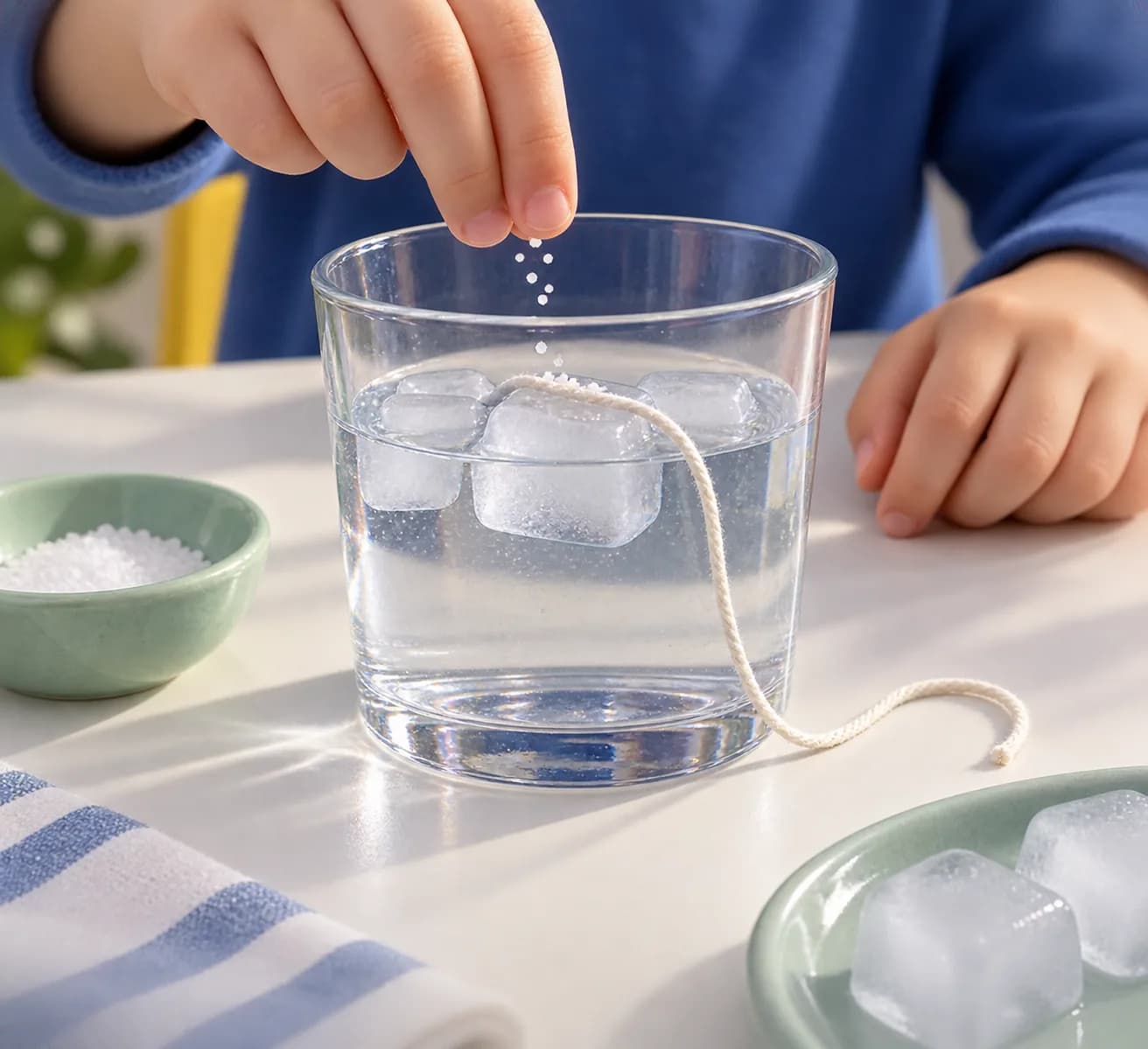 Étape 4 : Dépose la petite pincée de sel sur la ficelle, à l'endroit où elle touche le glaçon. Répartis-la sur cette zone plutôt qu'en un seul petit tas.