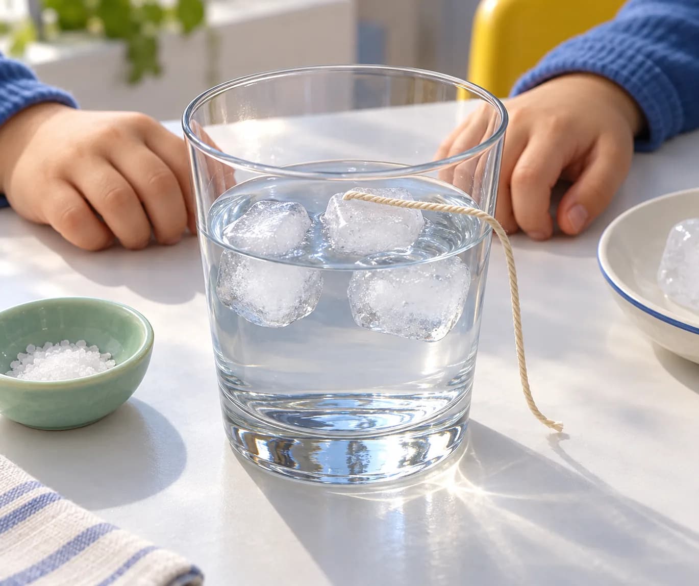 Étape 5 : Attends 2 minutes sans tirer sur la ficelle et sans remuer l'eau. Observe la zone salée en gardant le verre posé.