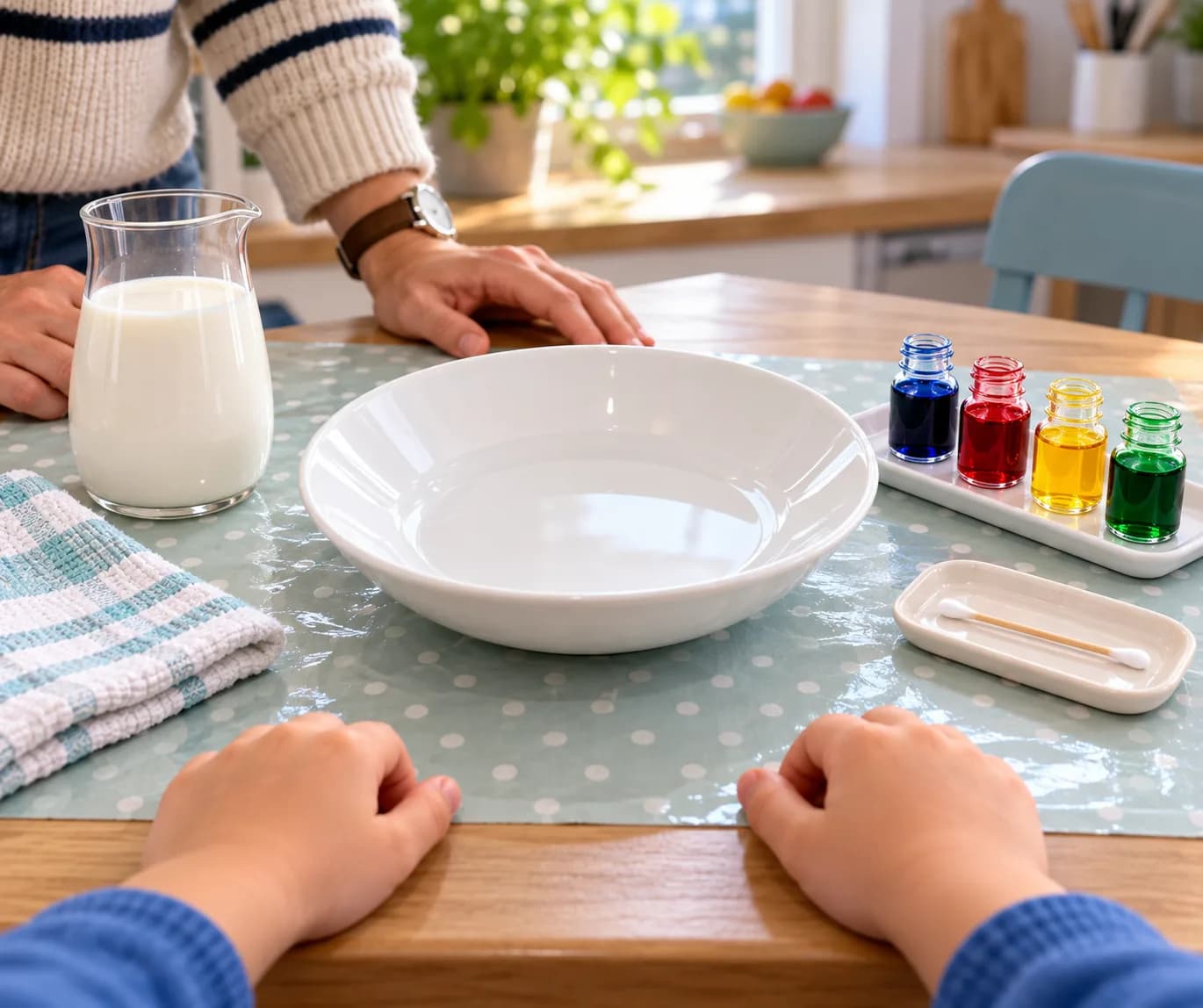 Étape 1 : Installe l’assiette creuse sur une table stable et protégée, avec un adulte dans la pièce. Vérifie avec lui que tout le matériel est prêt et garde un