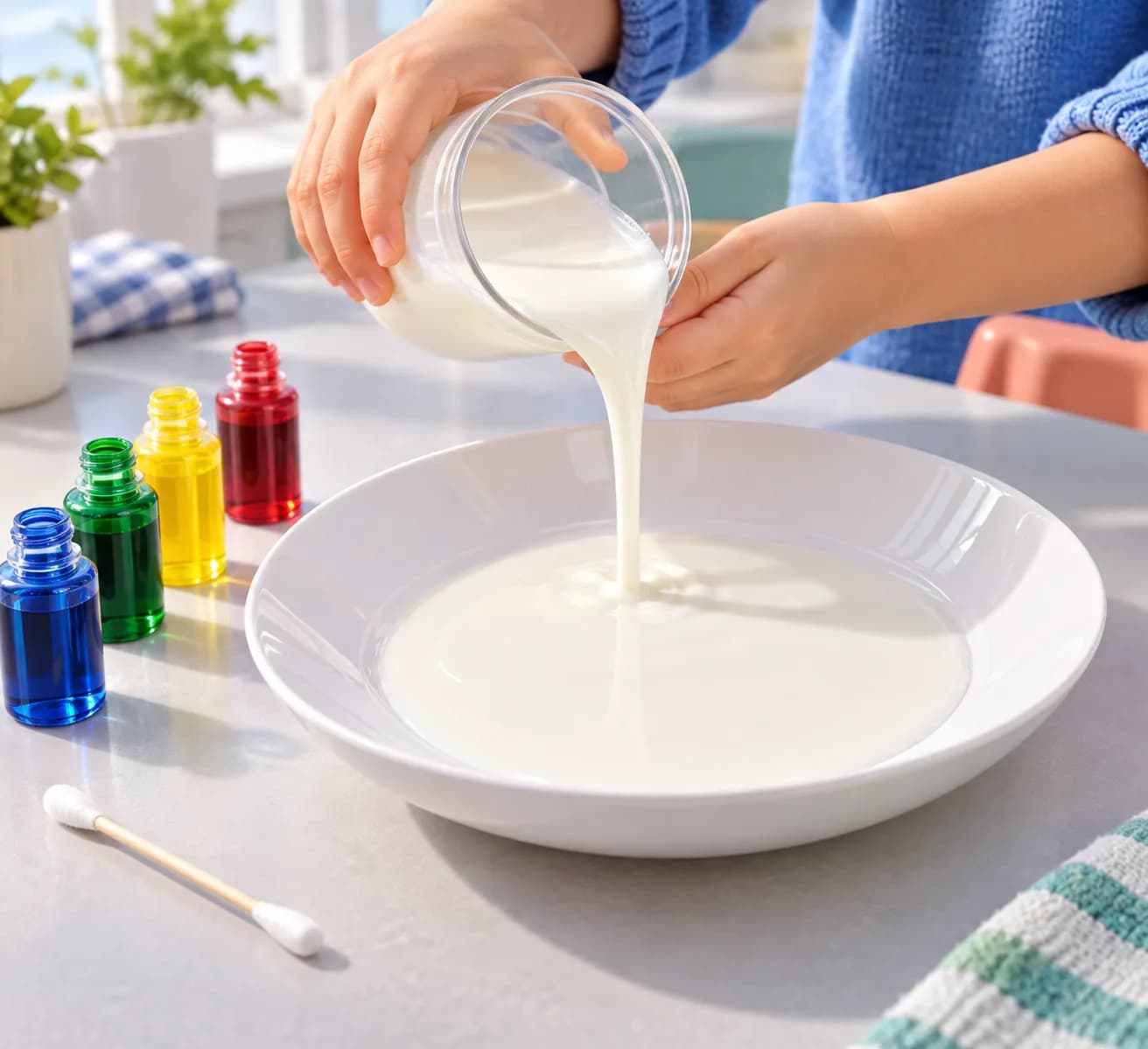 Étape 2 : Verse les 10 cl de lait entier dans l’assiette. Attends que la surface soit immobile avant de continuer.