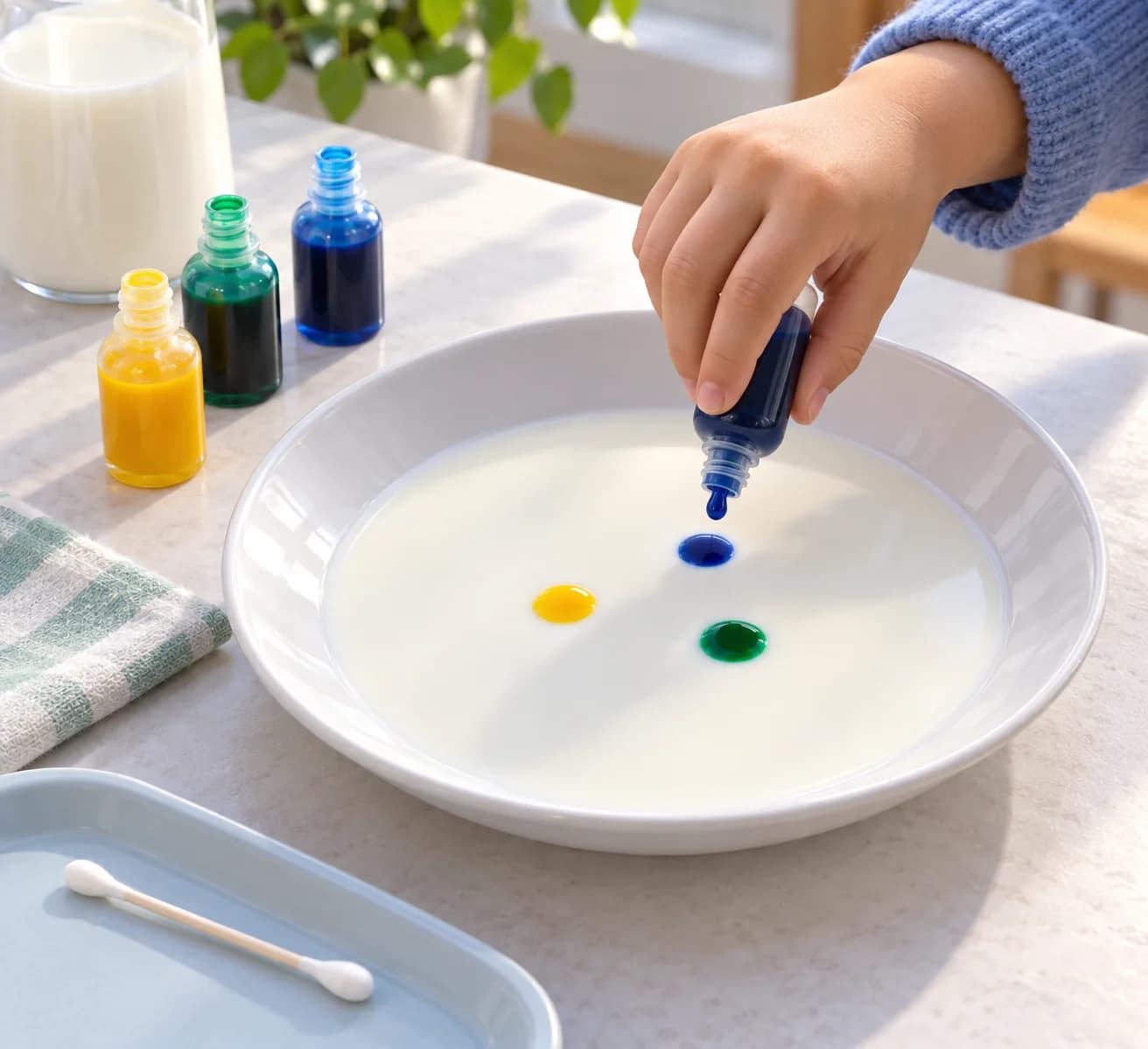 Étape 3 : Dépose 1 goutte de chacun des 3 ou 4 colorants près du centre, en laissant un petit espace entre les taches. Observe leur forme avant tout contact ave