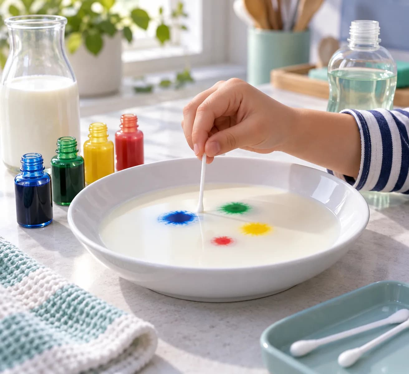 Étape 4 : Pose doucement une extrémité propre du coton-tige sur le lait, à côté des couleurs, puis retire-la sans remuer. Observe si ce simple contact produit u