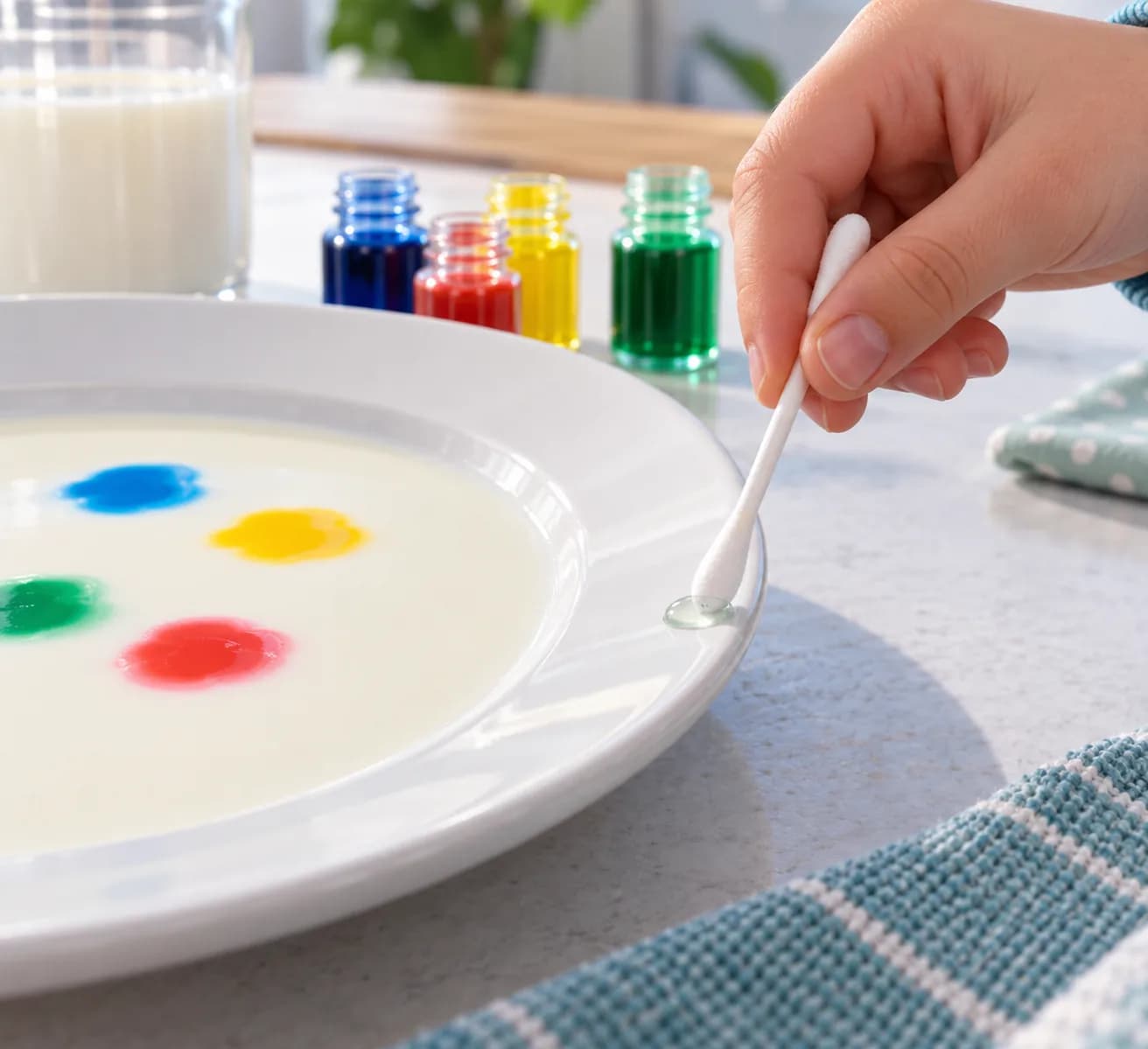 Étape 5 : Dépose 1 seule goutte de liquide vaisselle sur le bord sec de l’assiette, puis prélève-la avec l’autre extrémité du coton-tige. Garde cette extrémité