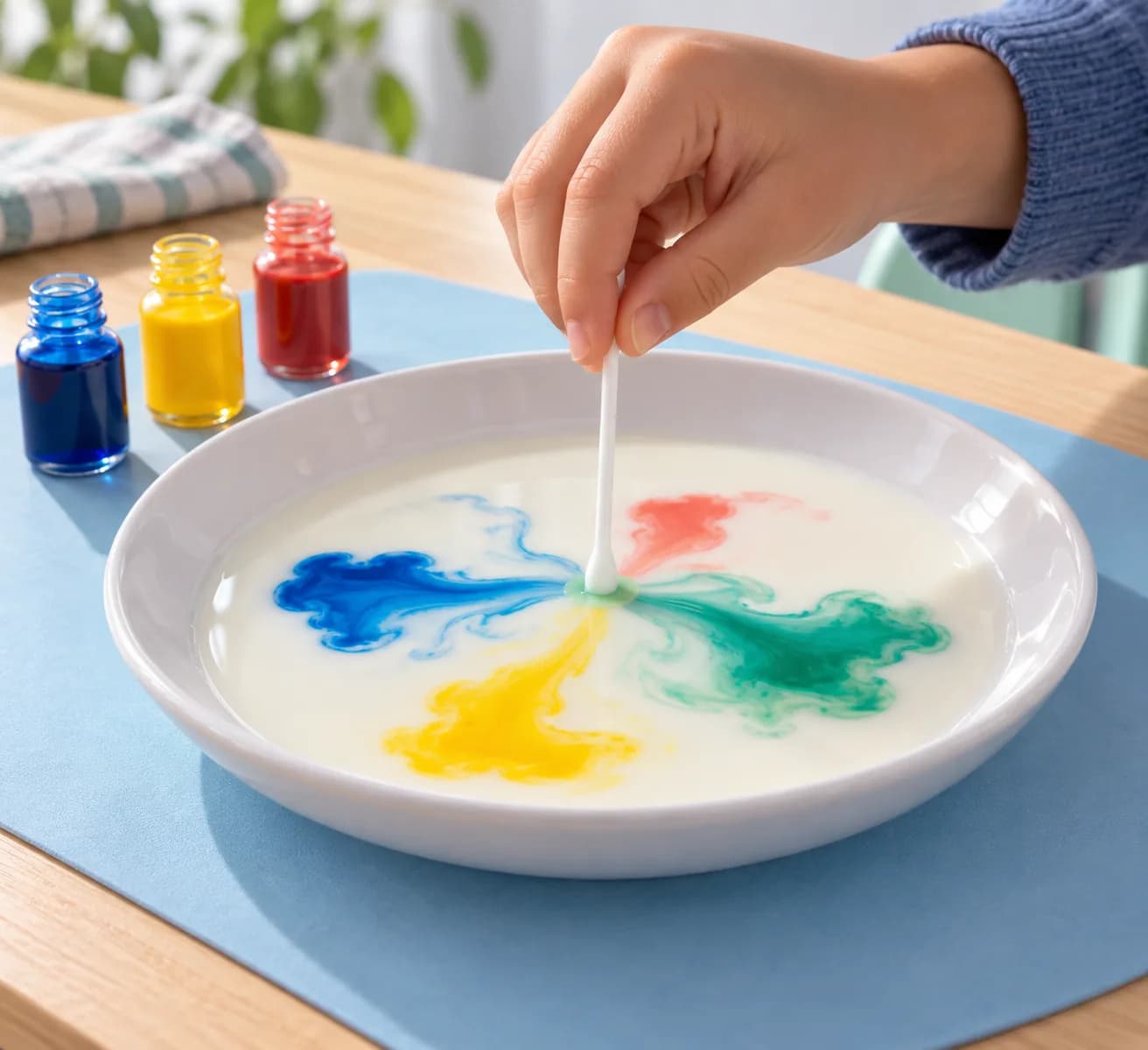 Étape 6 : Touche doucement la surface du lait entre les taches colorées avec l’extrémité portant le liquide vaisselle. Maintiens-la immobile quelques secondes,