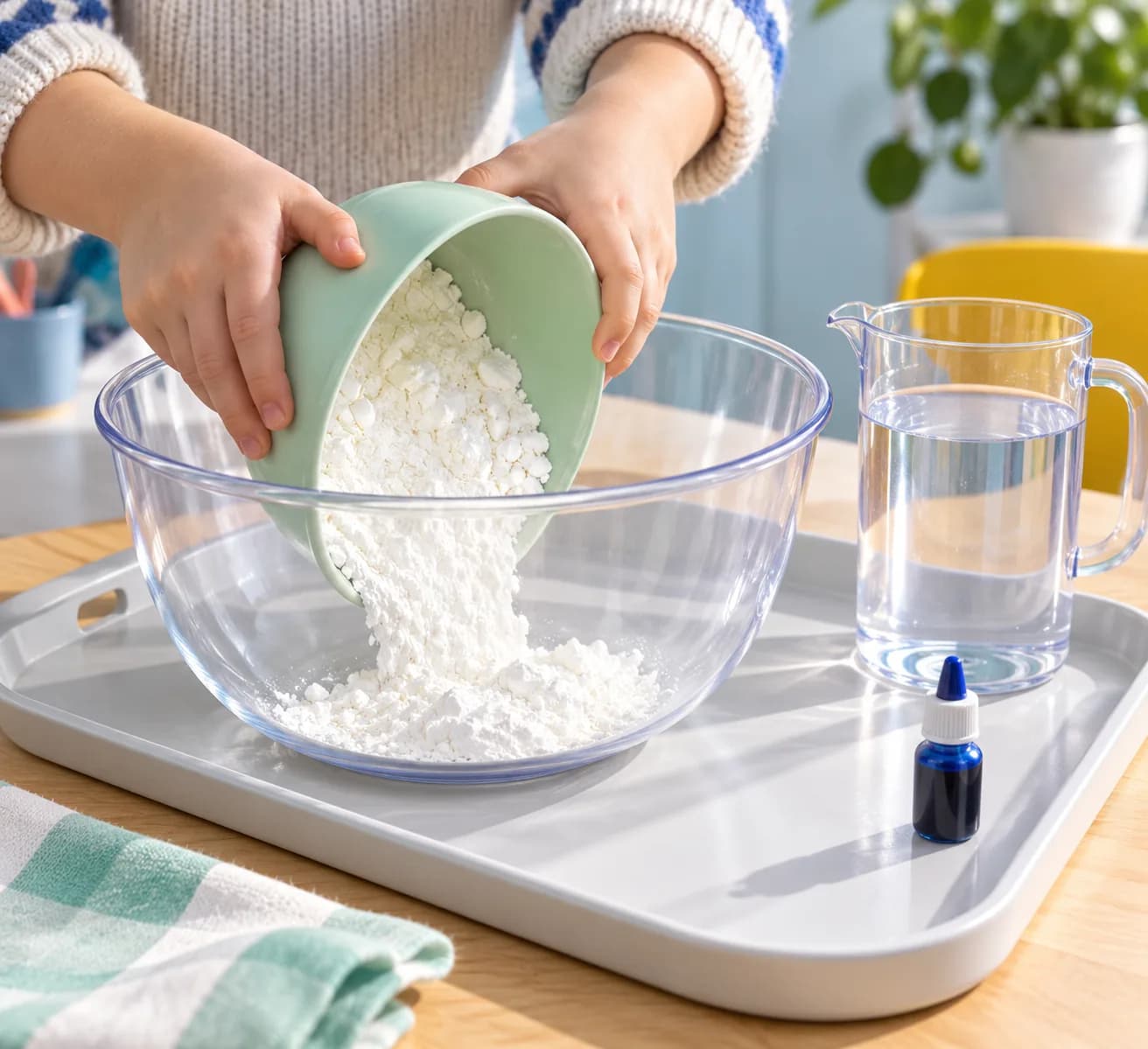 Étape 2 : Verse doucement les 250 g de fécule dans le saladier, près du fond pour limiter la poussière. Ajoute d’abord 15 cl d’eau froide et, si tu le souhaites