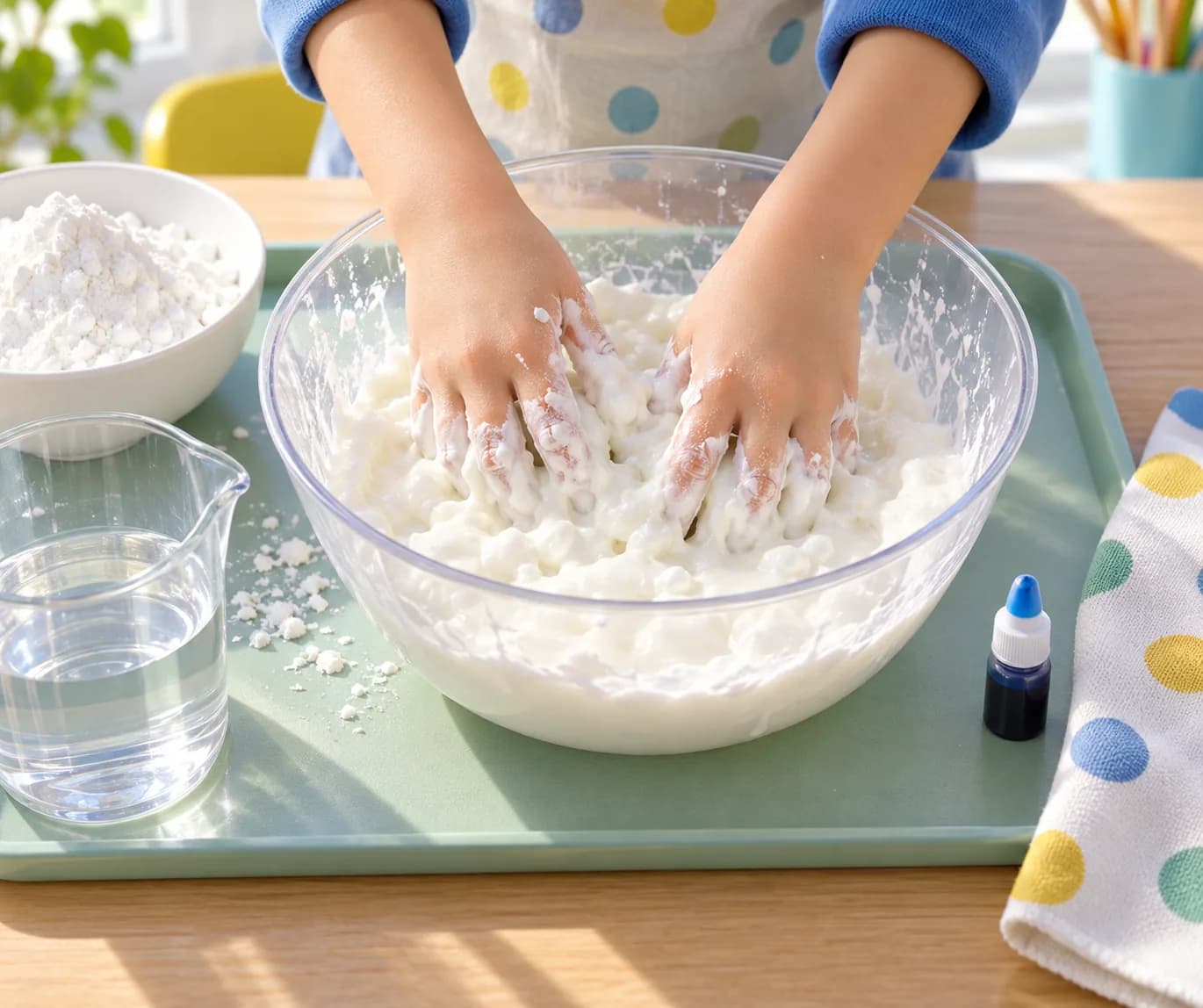 Étape 3 : Mélange lentement avec les doigts jusqu’à humidifier toute la fécule. Si des zones restent sèches et impossibles à incorporer, ajoute petit à petit un