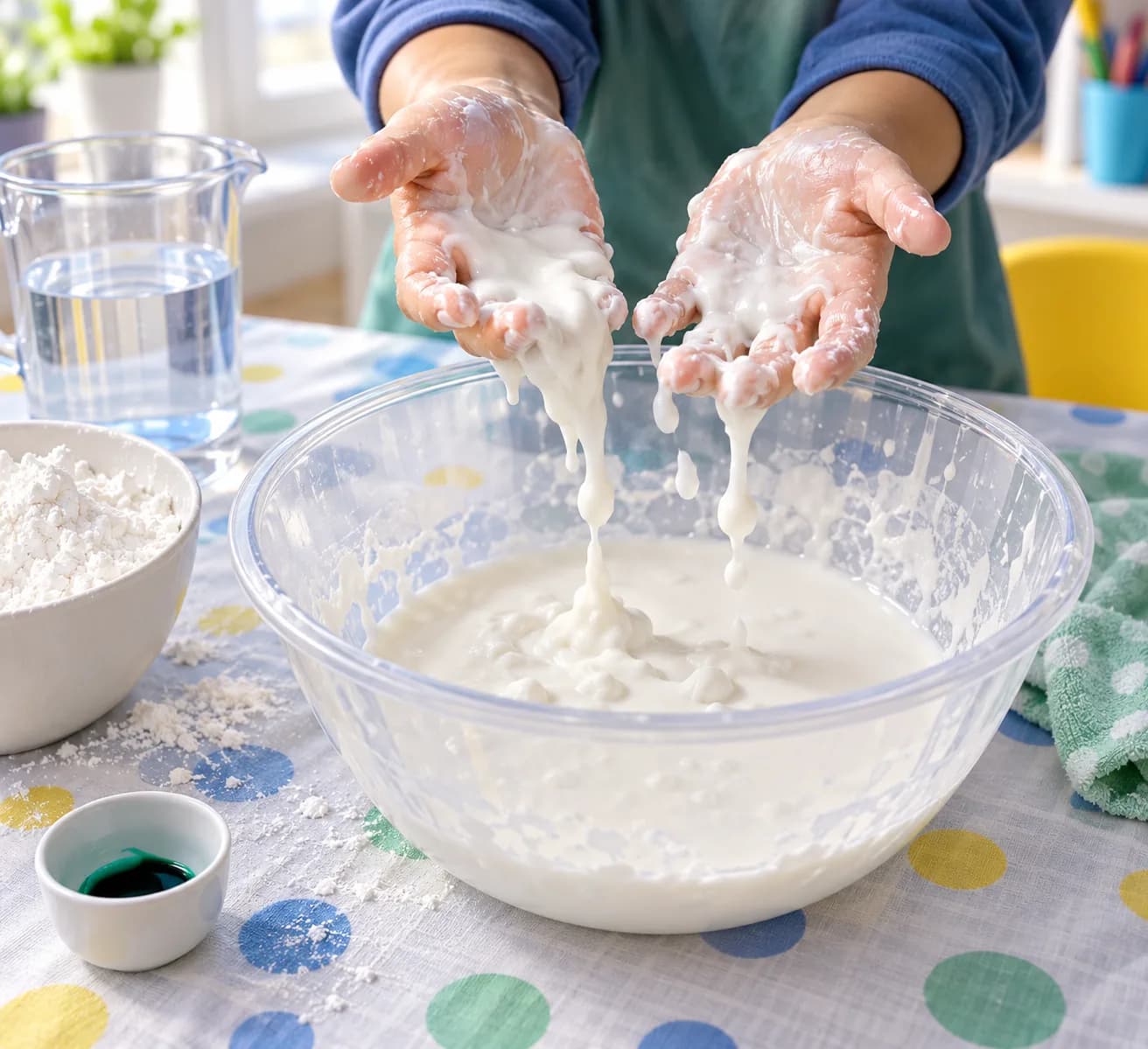 Étape 6 : Prends une petite poignée de pâte au-dessus du saladier et serre-la brièvement entre tes mains. Ouvre ensuite les mains et regarde comment elle se déf