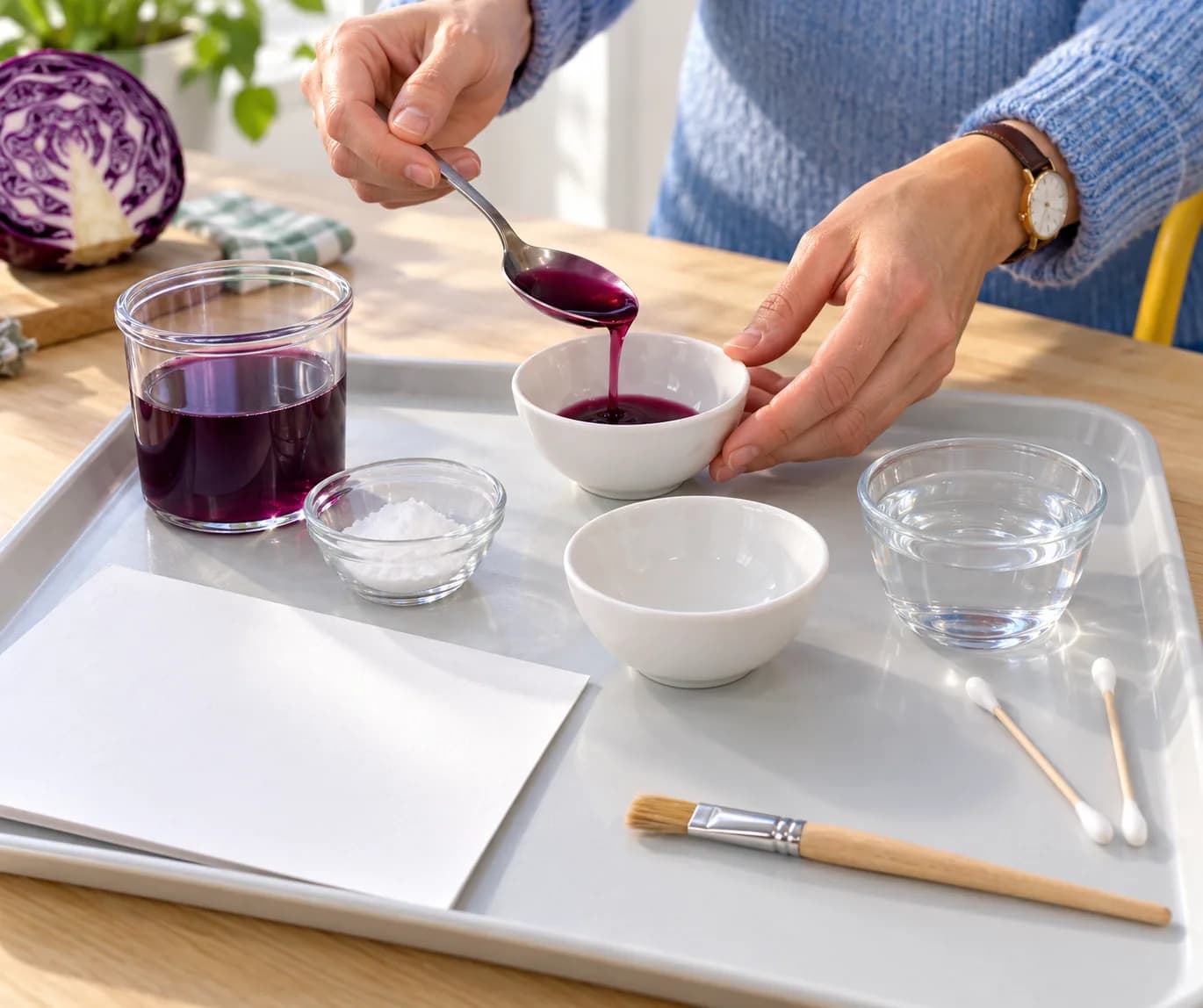 Étape 1 : L’adulte prépare à l’avance le jus de chou rouge selon la fiche dédiée : extraction au mixeur avec de l’eau froide, puis filtration. Il dépose 1 cuill