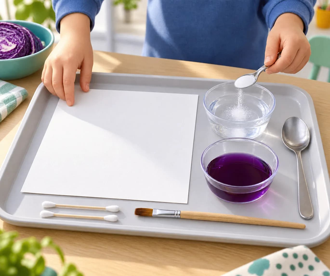 Étape 2 : Pose le plateau sur la table et installe la feuille dessus. Dans la seconde coupelle, verse les 3 cuillères à soupe d’eau et la cuillère à café rase d