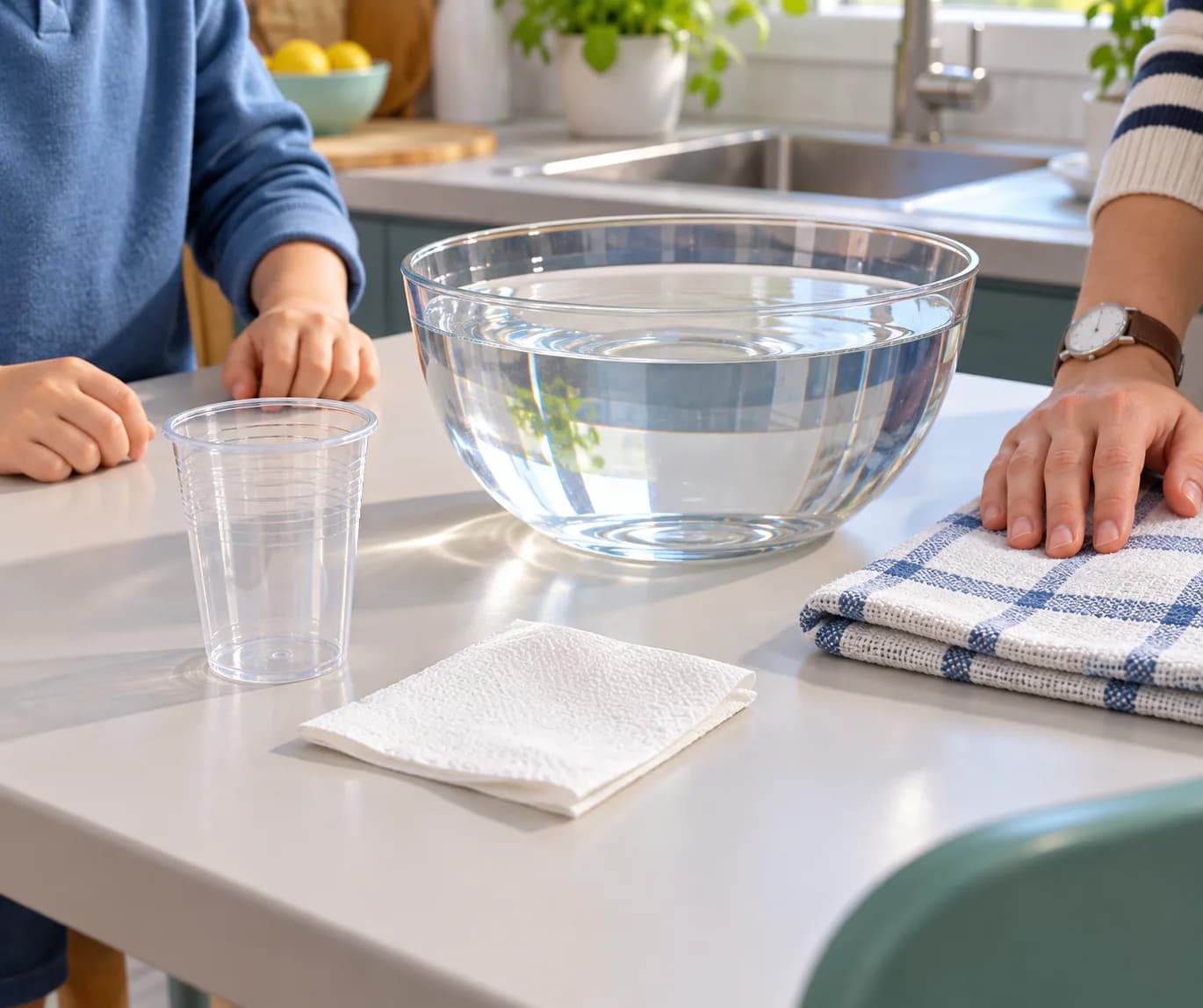 Étape 1 : Installe le saladier sur une table stable et dégagée, près de l’évier. Pose un torchon à côté pour essuyer les gouttes.