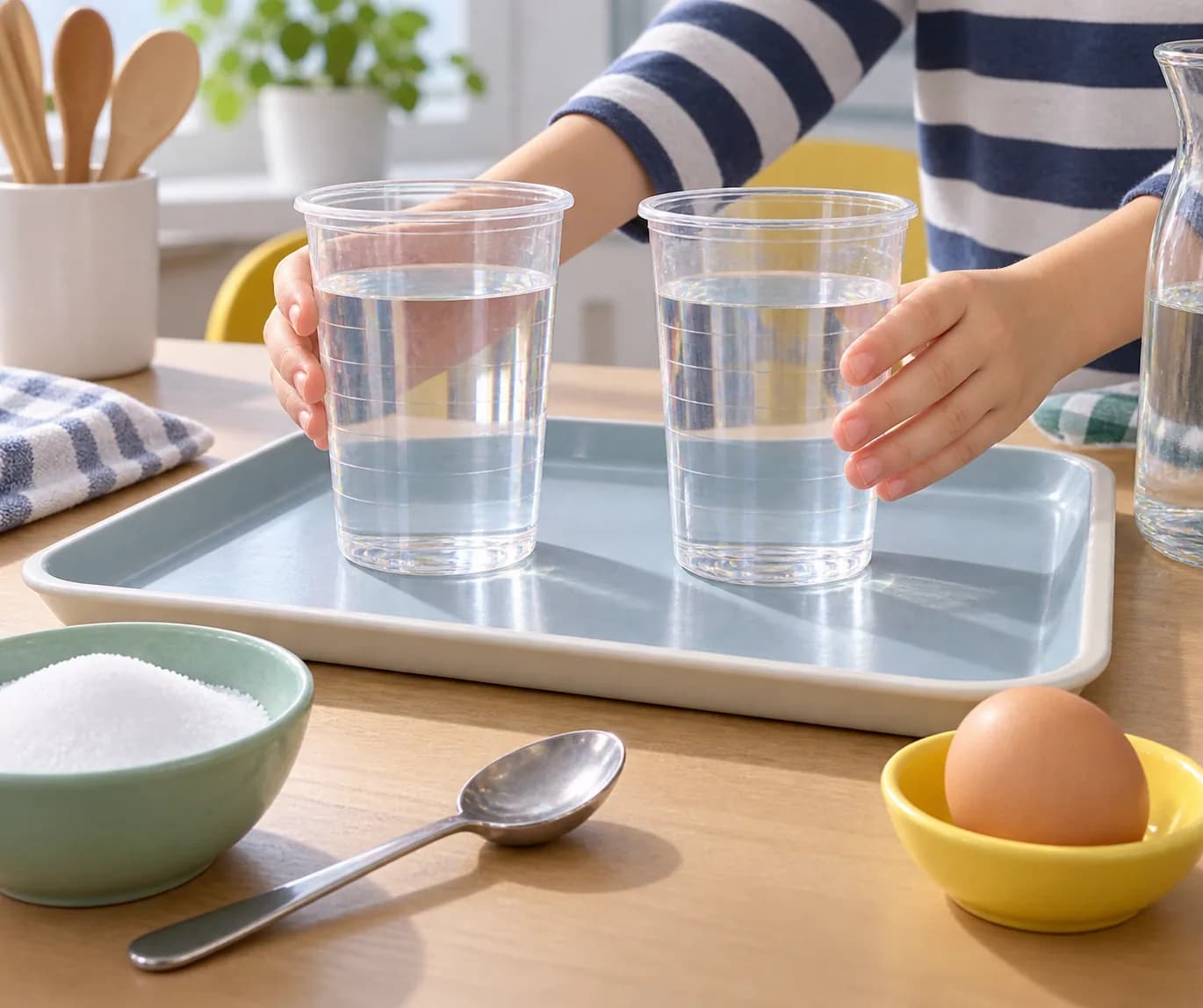 Étape 1 : Installe les deux gobelets sur une table protégée par un plateau, loin du bord. Verse 400 ml d'eau dans chacun en suivant les graduations.