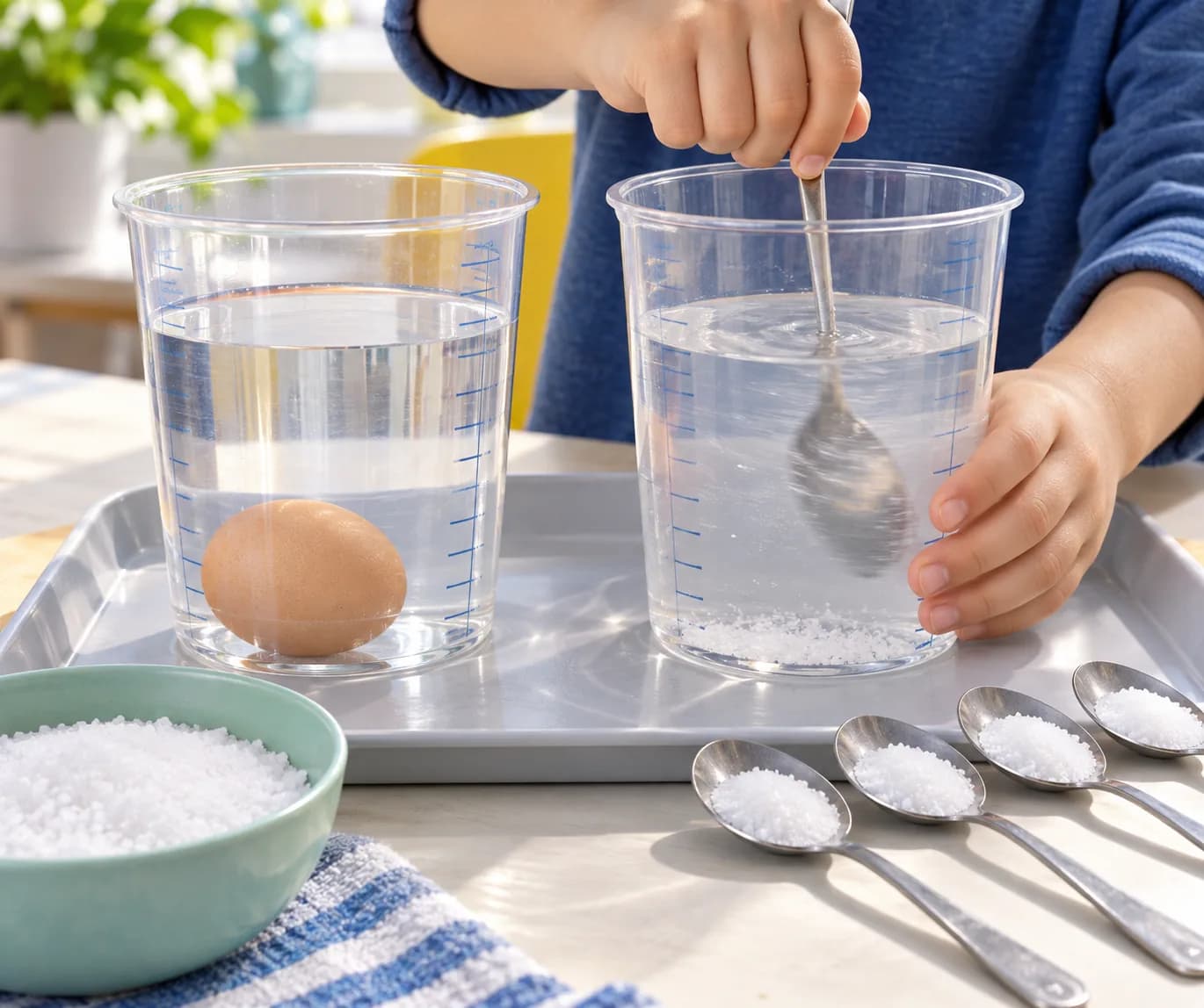 Étape 3 : Ajoute les 6 cuillères à soupe rases de sel dans le gobelet de droite, une cuillerée à la fois. Remue doucement après chaque ajout, puis continue jusq