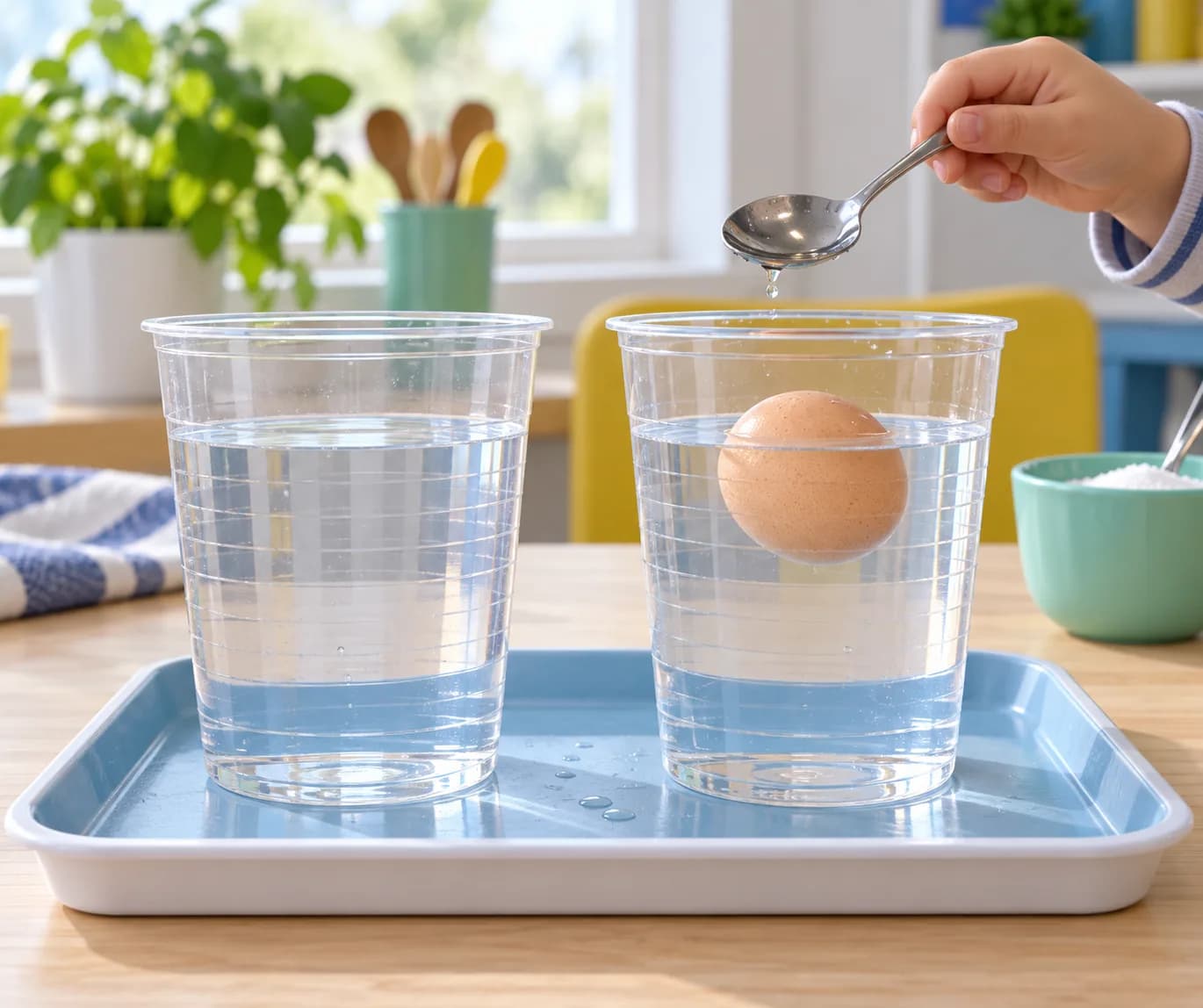 Étape 4 : Sors délicatement l'œuf de l'eau douce avec la cuillère, en le maintenant juste au-dessus du gobelet pour l'égoutter. Dépose-le ensuite dans l'eau sal