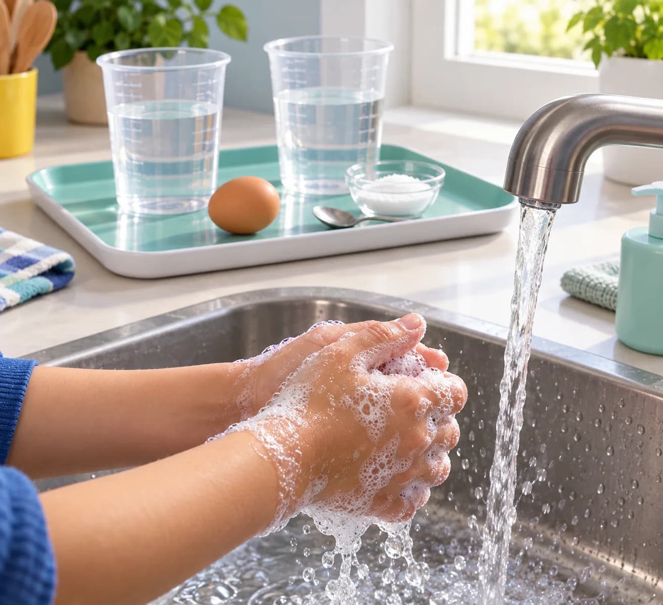Étape 5 : À la fin, confie le rangement à l'adulte et lave-toi soigneusement les mains avec de l'eau et du savon après avoir touché l'œuf.