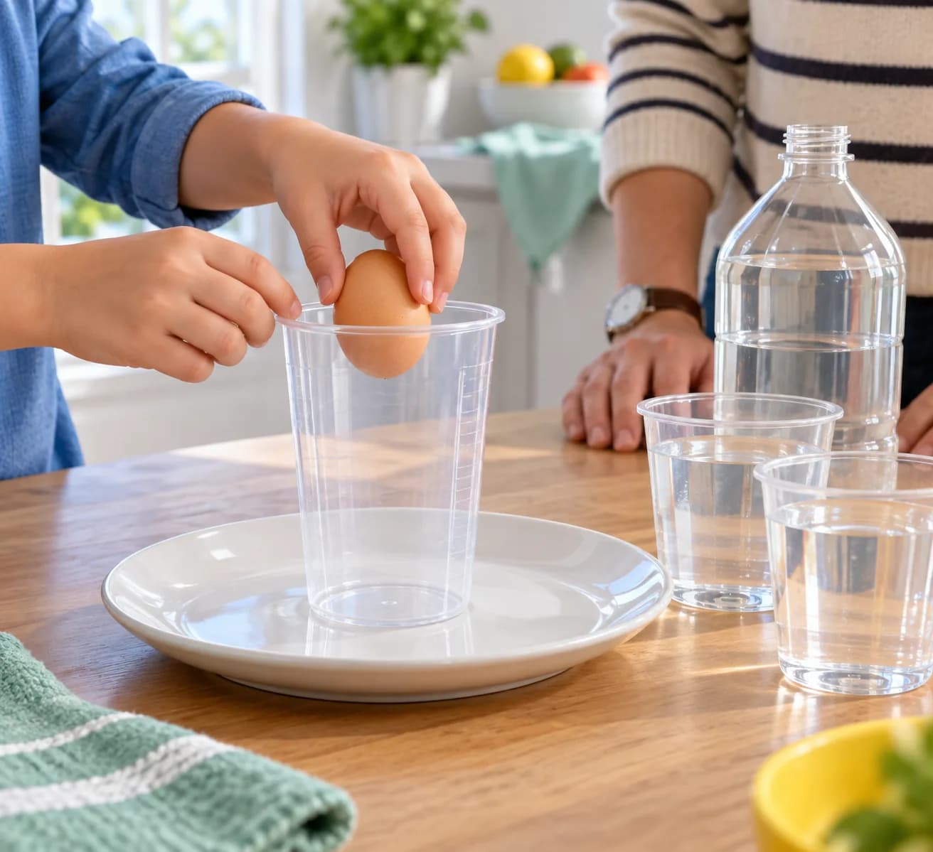 Étape 1 : Pose le gobelet sur l’assiette, sur une table stable et dégagée. Dépose doucement l’œuf au fond du gobelet, sans le laisser tomber.