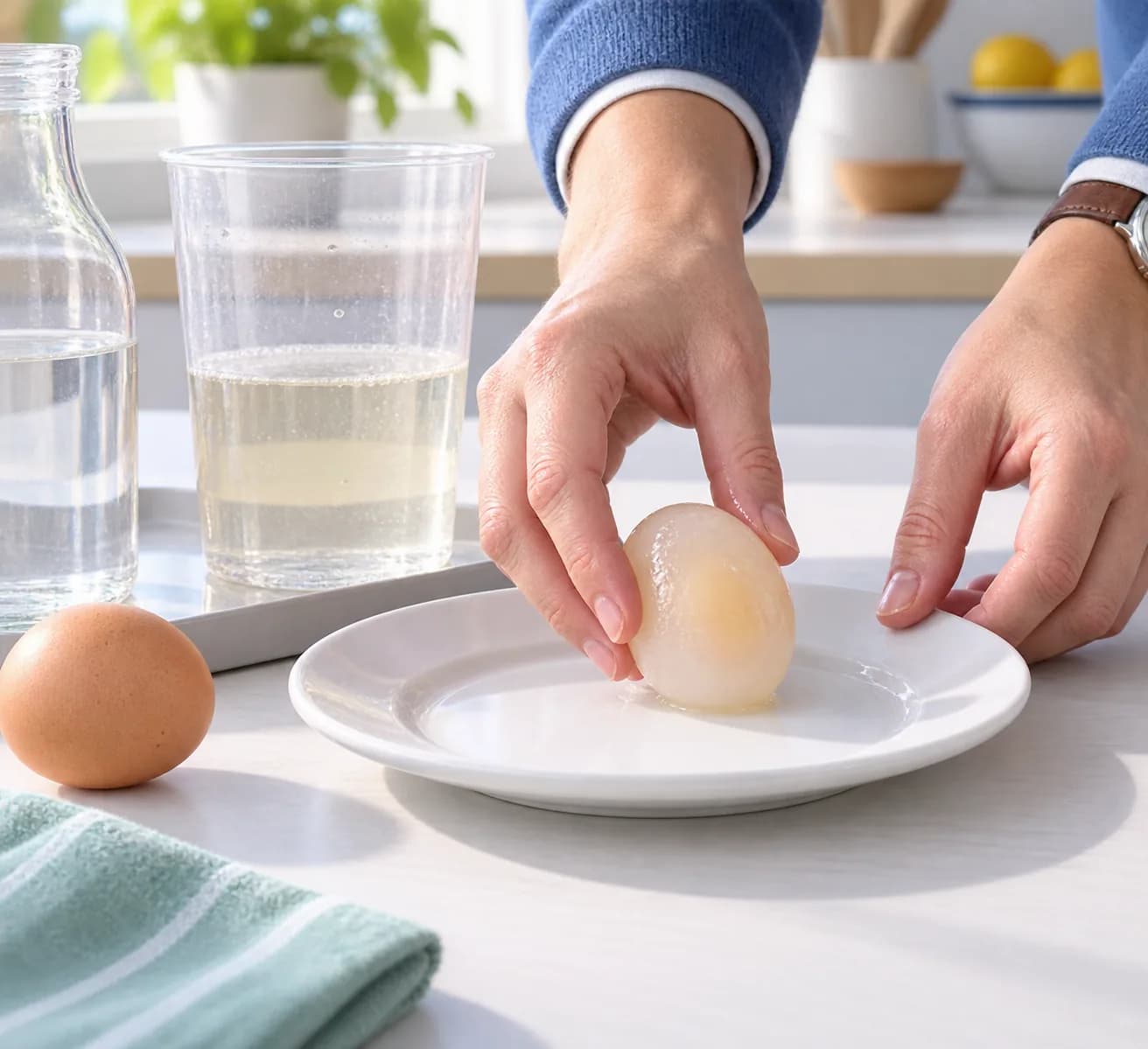 Étape 6 : À la fin de l’attente, l’adulte retire doucement l’œuf avec une main propre et le pose sur l’assiette. Si des morceaux durs de coquille restent présen