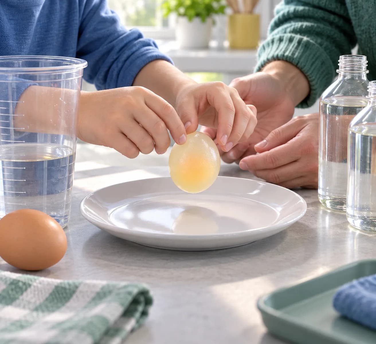 Étape 7 : Si la coquille a disparu, touche très légèrement l’œuf avec un doigt propre, sans appuyer. Avec l’adulte à côté de toi, soulève-le de 1 à 2 cm seuleme