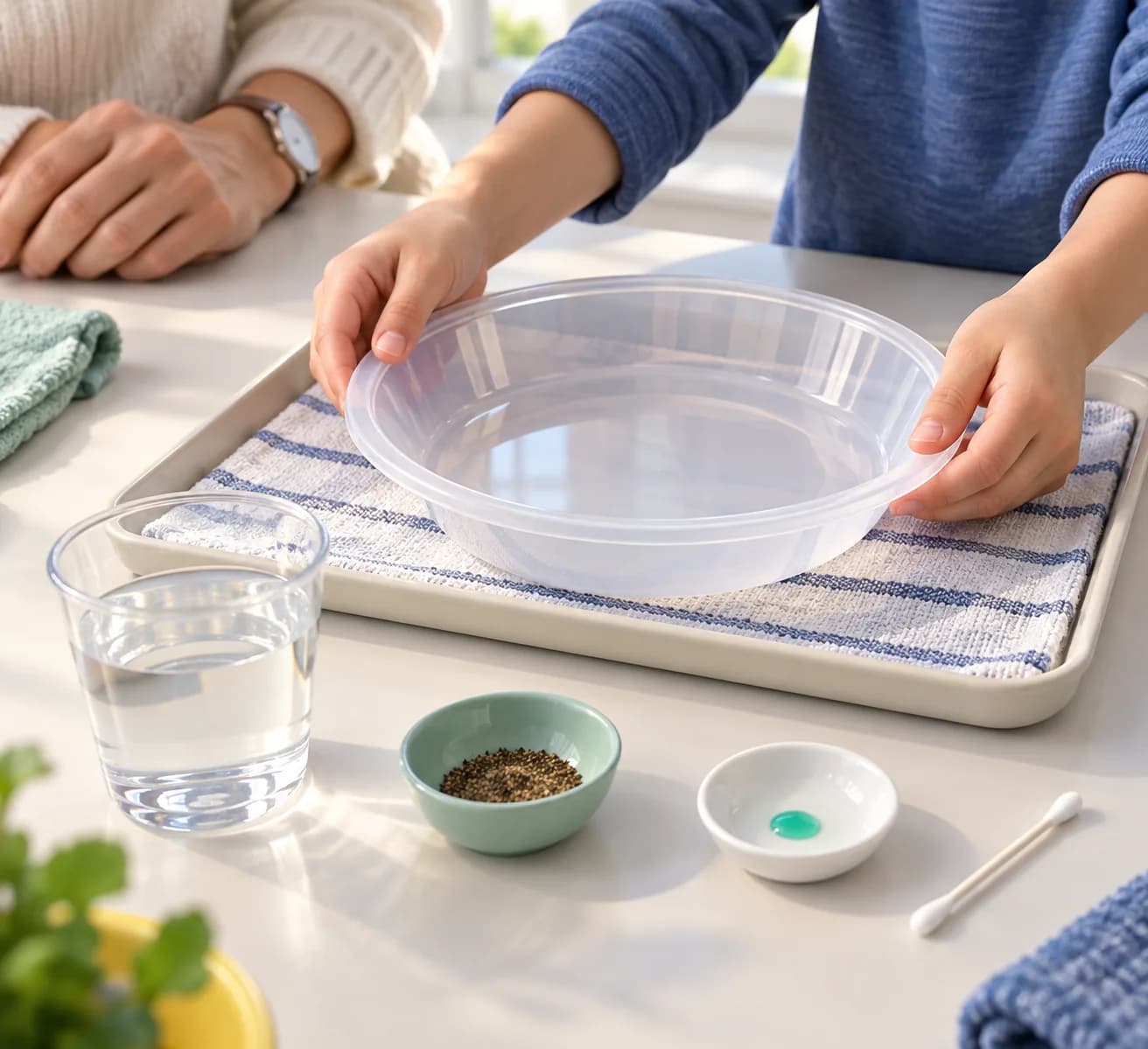 Étape 1 : Installe l’assiette propre et bien rincée sur une table protégée par un plateau ou un torchon. Vérifie avec l’adulte qu’il ne reste aucun liquide vais