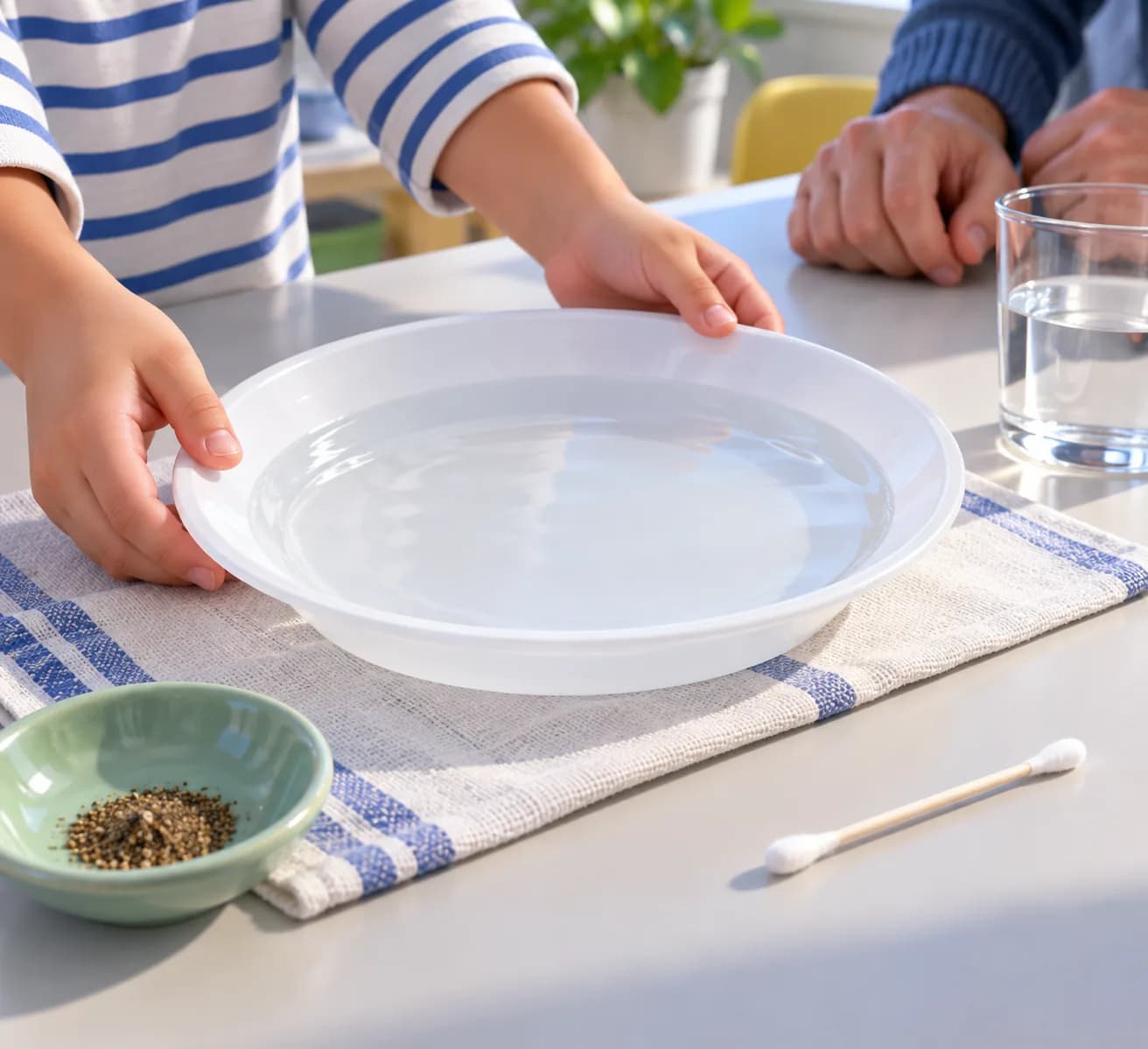 Étape 2 : Verse les 100 ml d’eau dans l’assiette. Attends que la surface soit immobile avant de poursuivre.